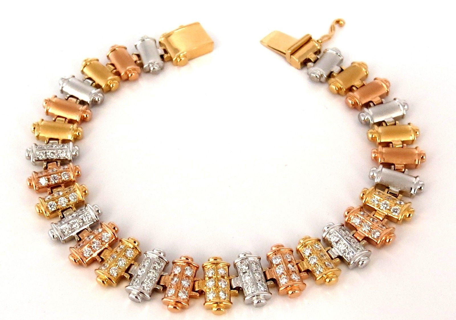 1.50CT Diamond Bar Link Tri-Color 18K Gold Bracelet with Satin Brush Finish - Elegant Jewelry for Women, Perfect for Parties, Weddings & Special Occasions