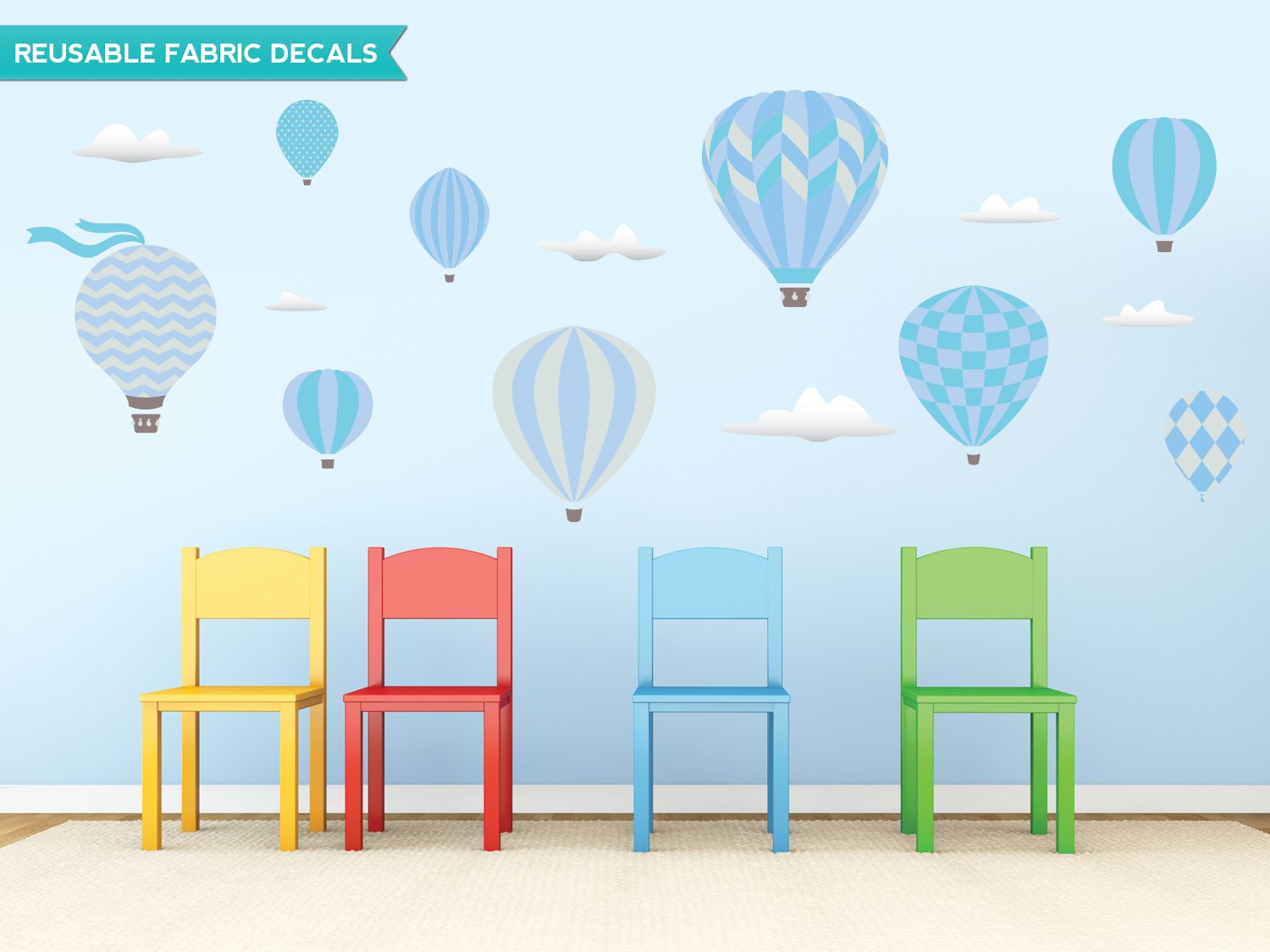 Jumbo Blue Hot Air Balloons Fabric Wall Decals - Set of 9 with Clouds - 5 Color Options for Nursery, Kids Room & Party Decor
