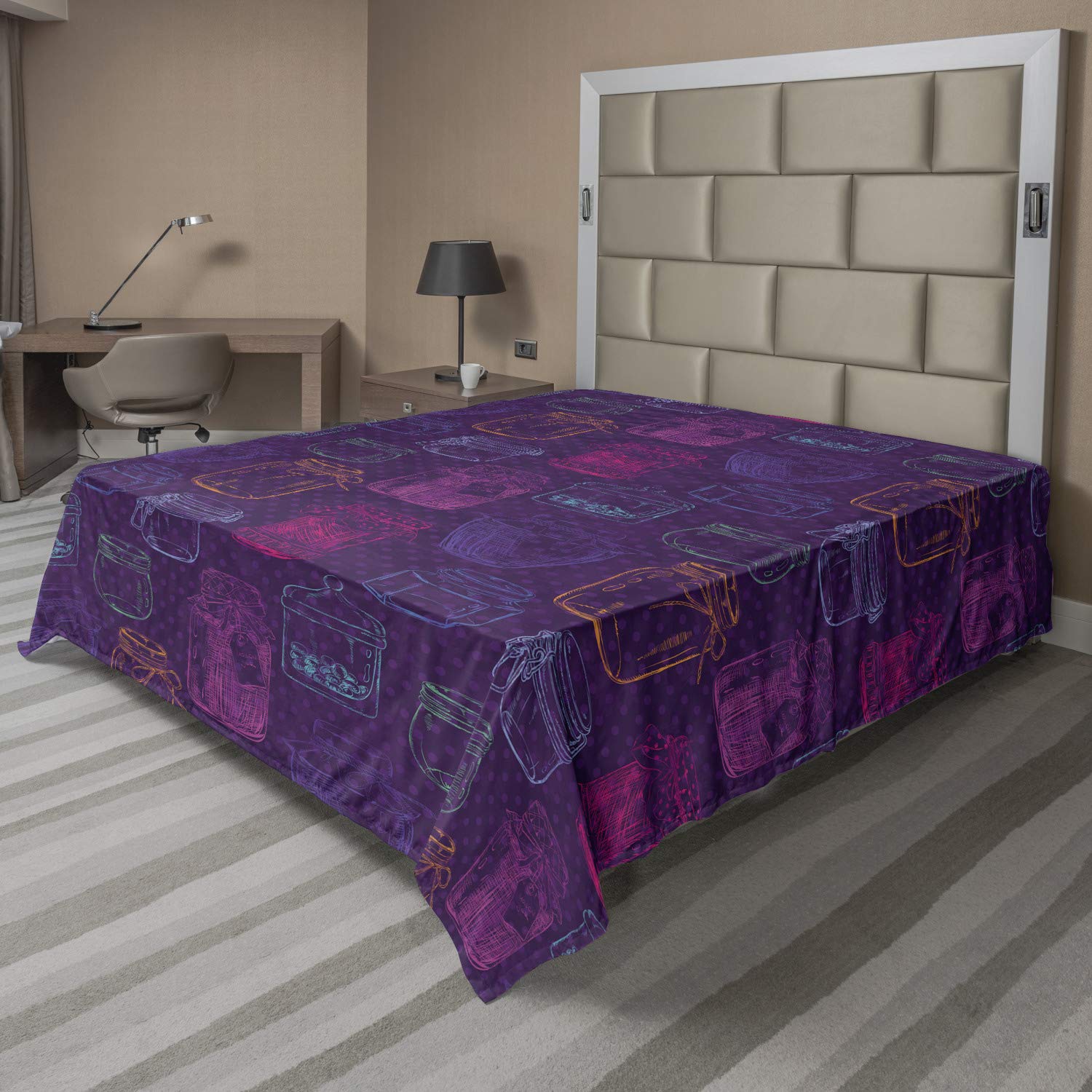 Ambesonne King Size Flat Sheet - Colorful Rhythmic Jam Jar Sketch Print on Polka Dot Background, Soft & Comfortable Decorative Bedding (1 Piece, Plum Fuchsia) - Perfect for Master Bedrooms, Guest Rooms & Dorm Decor
