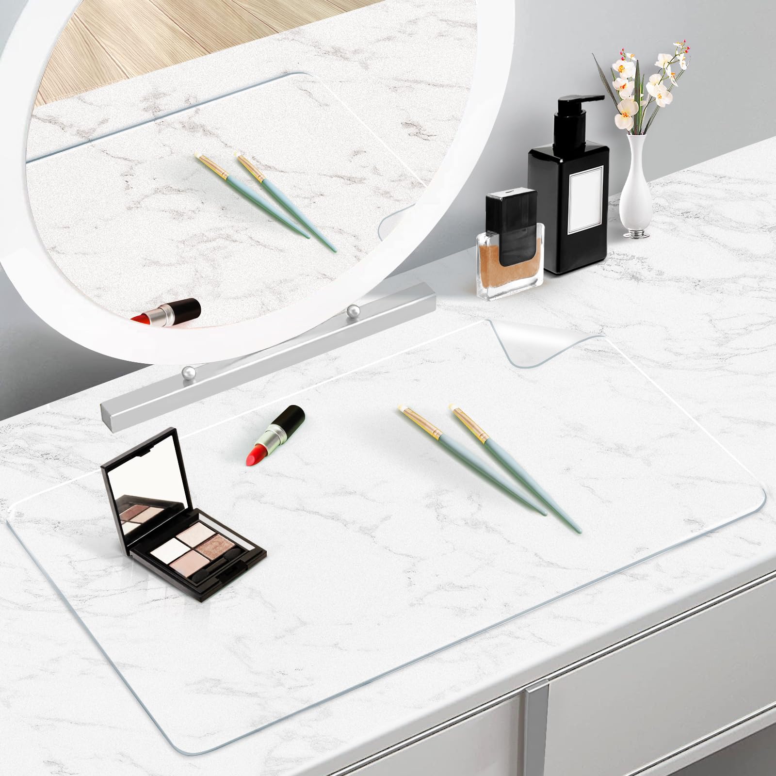 Waterproof & Oilproof PVC Makeup Vanity Mat - 23.6x11.8 Inch Clear Desk Protector for Cosmetics & Beauty Products | Easy to Clean, Durable Vanity Tray | Perfect for Dressing Tables, Bathroom Counters & Travel Makeup Organizers