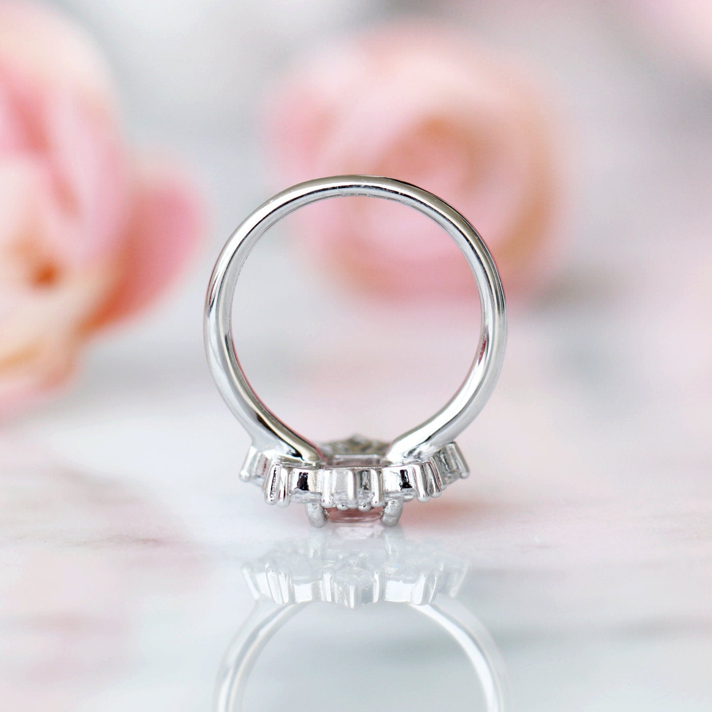 Magnolia Morganite Ring - Sterling Silver Rose Gold Plated, Dainty Floral Engagement Ring for Women, Perfect for Wedding, Anniversary & Valentine's Day Gifts