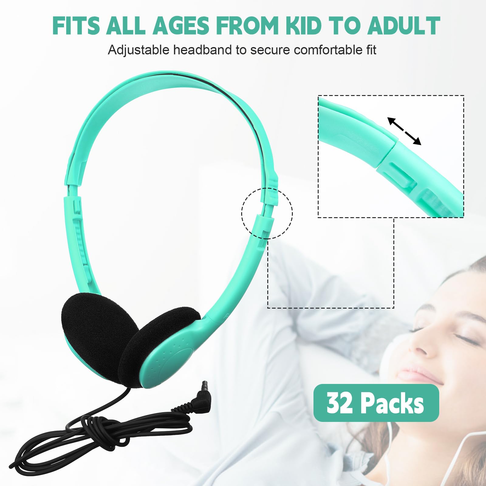 30 Pack Konohan Kids Headphones Bulk - Adjustable Wired Headphones with 3.5mm Jack for School, Classroom, Students, Kids & Adults (Emerald Green) - Perfect for Online Learning, Music Class & Travel