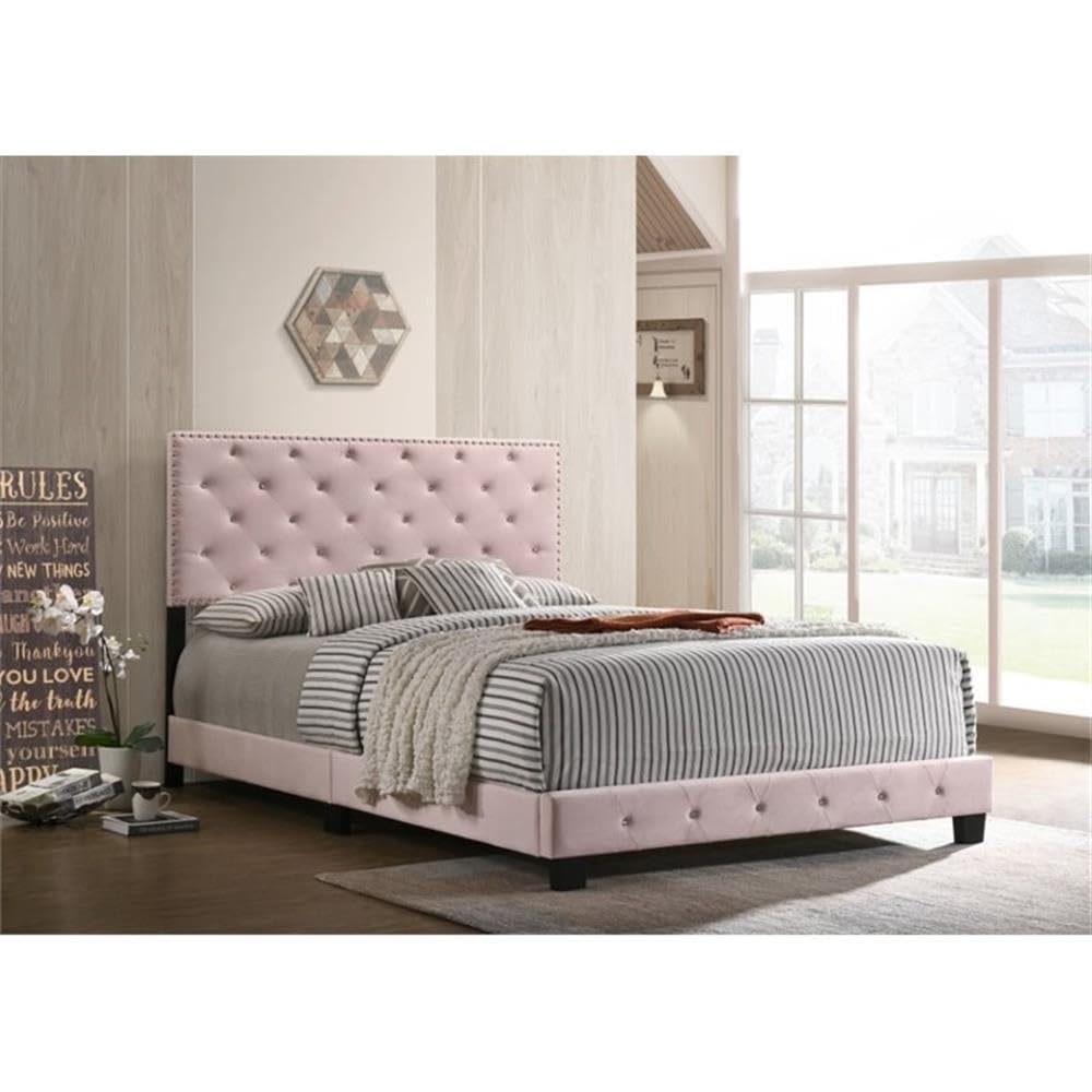 Glory Furniture Suffolk Velvet Upholstered Full Size Bed Frame in Pink - Luxurious Soft Fabric Headboard for Master Bedroom & Guest Room