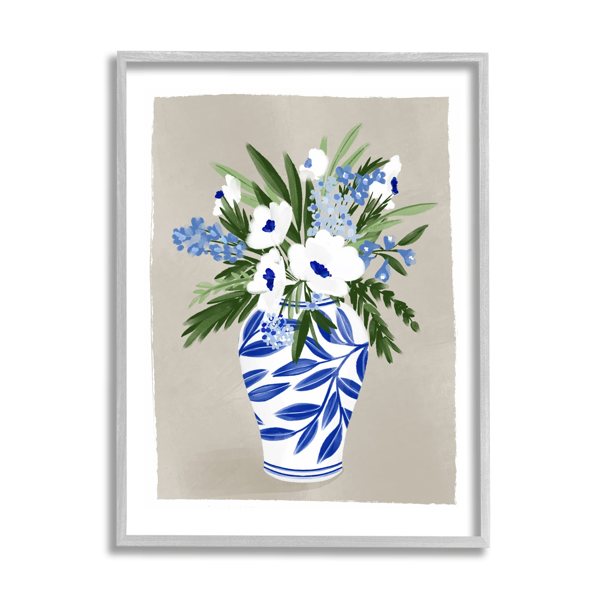 Stupell Industries White Poppies Flower Leaves Traditional Chinoiserie Pattern Vase - Handcrafted Home Decor for Living Room, Bedroom & Office - 24