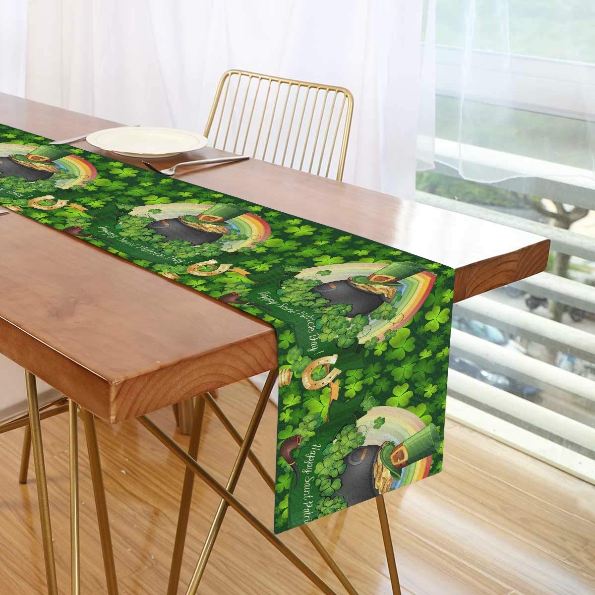 Golden Coin Pot Rainbow Clover Table Runner 13x90 Inches - Double Sided Green Shamrock Leaves & Horseshoe Design - Washable Kitchen Dining Fabric for St. Patrick's Day Decor, Holiday Parties & Irish-Themed Events