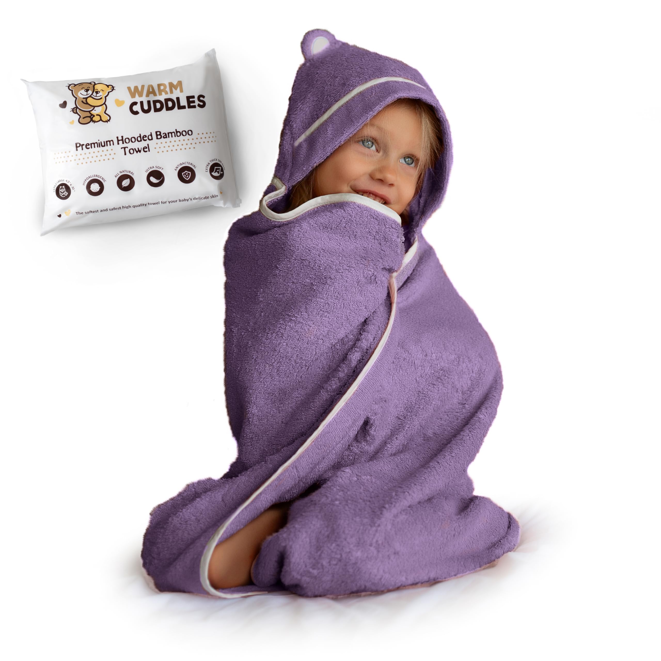 Premium Bamboo Rayon Hooded Toddler Towels - Soft & Absorbent Baby Bath Towel for Boys & Girls - Large Kids Hooded Towel (Purple) - Perfect for Bath Time, Swimming & Beach Outings