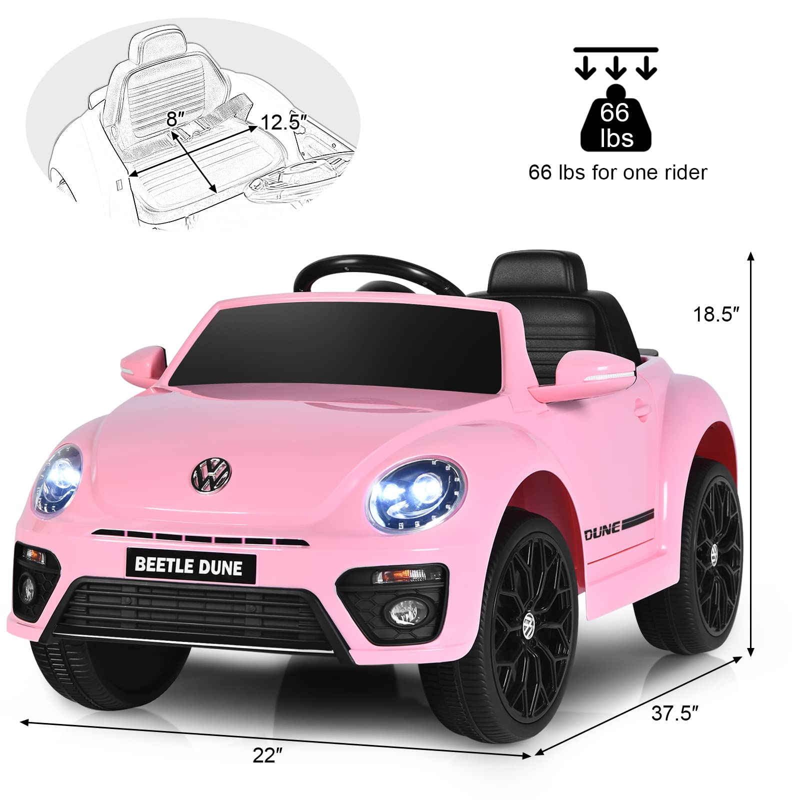 Costzon 12V Licensed Volkswagen Beetle Ride-On Car for Kids - Electric Battery-Powered Vehicle with Remote Control, Spring Suspension, LED Lights, USB Port, Horn & Music - 4-Wheeler Toy Car Gift for Boys & Girls (Pink) - Perfect for Birthday Presents, Outdoor Play & Indoor Fun