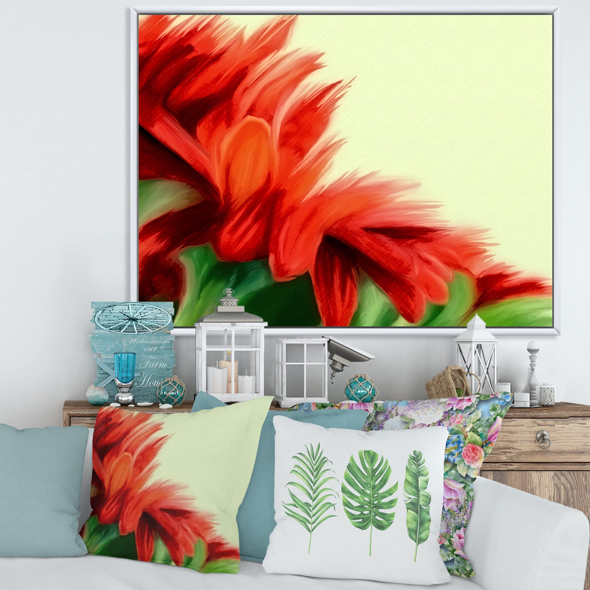 DesignQ Red Floral on Green Traditional Framed Canvas Wall Art Print - Home Decor for Living Room, Bedroom & Office