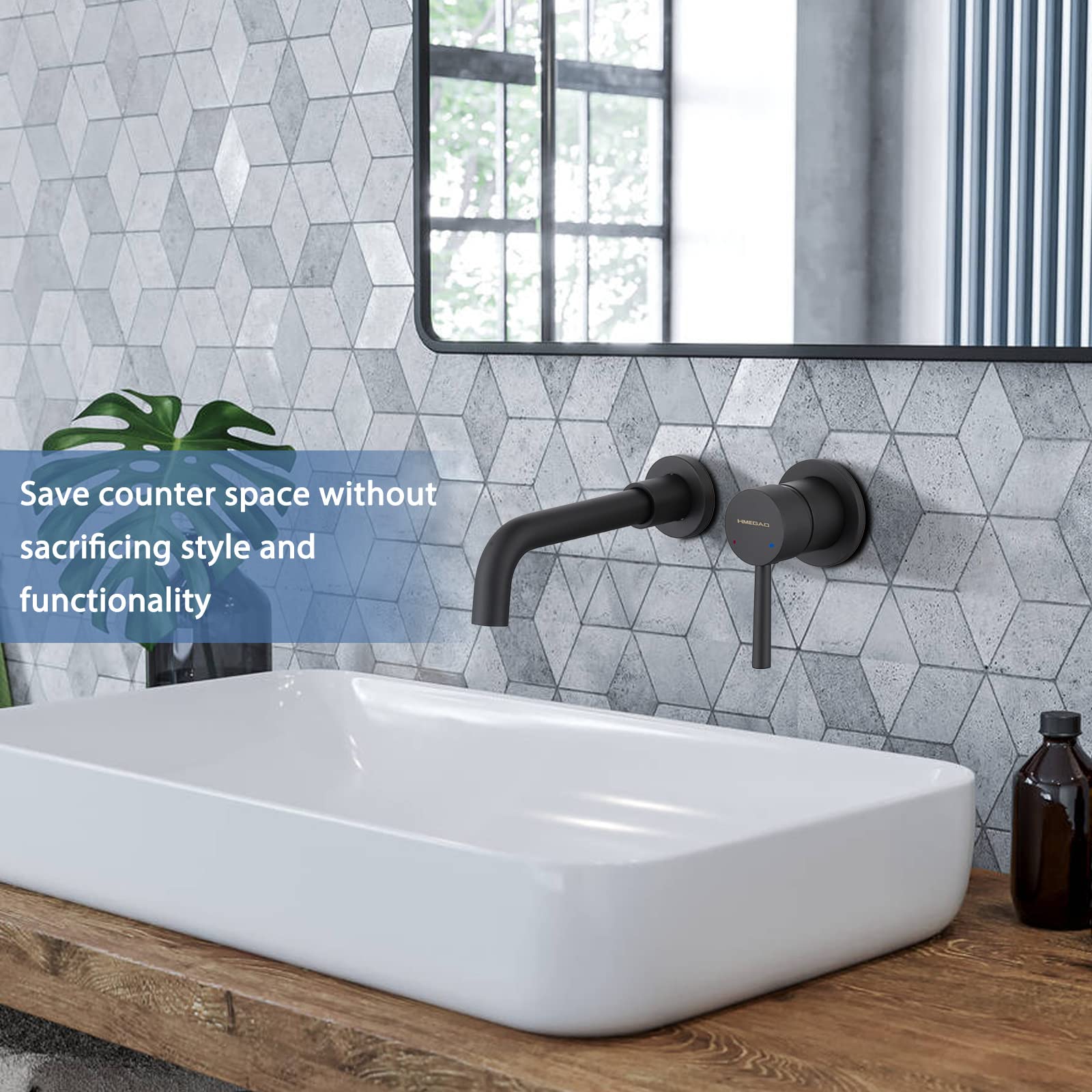 Matte Black Wall Mounted Bathroom Sink Faucet - Single Handle Lavatory Basin Mixer Tap with Valve for Modern Bathroom & Powder Room