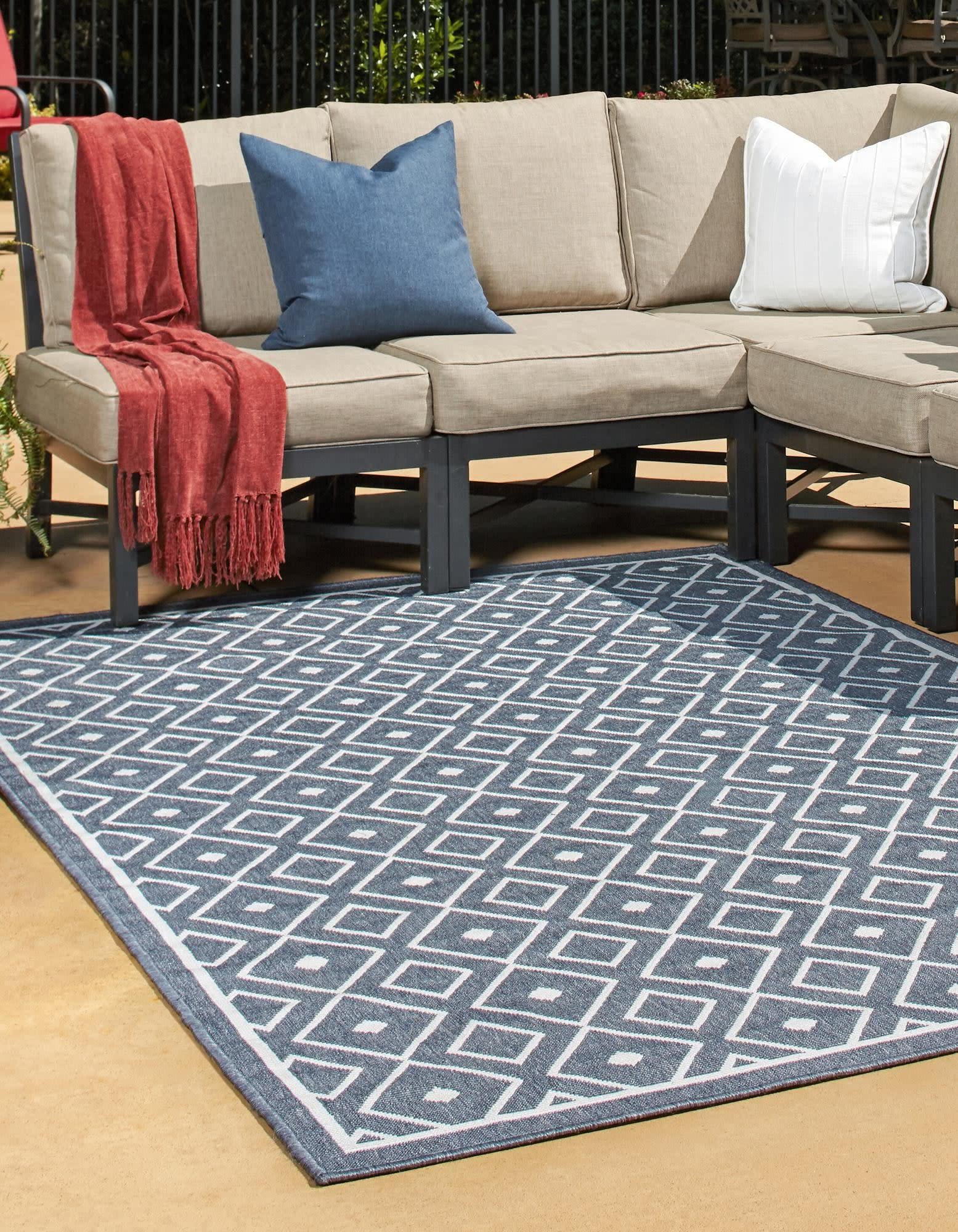 Unique Loom Outdoor Trellis Collection Area Rug - Kafes (9'x12' Rectangle, Navy Blue/Ivory) - Perfect for Patio, Deck, or Sunroom Decor
