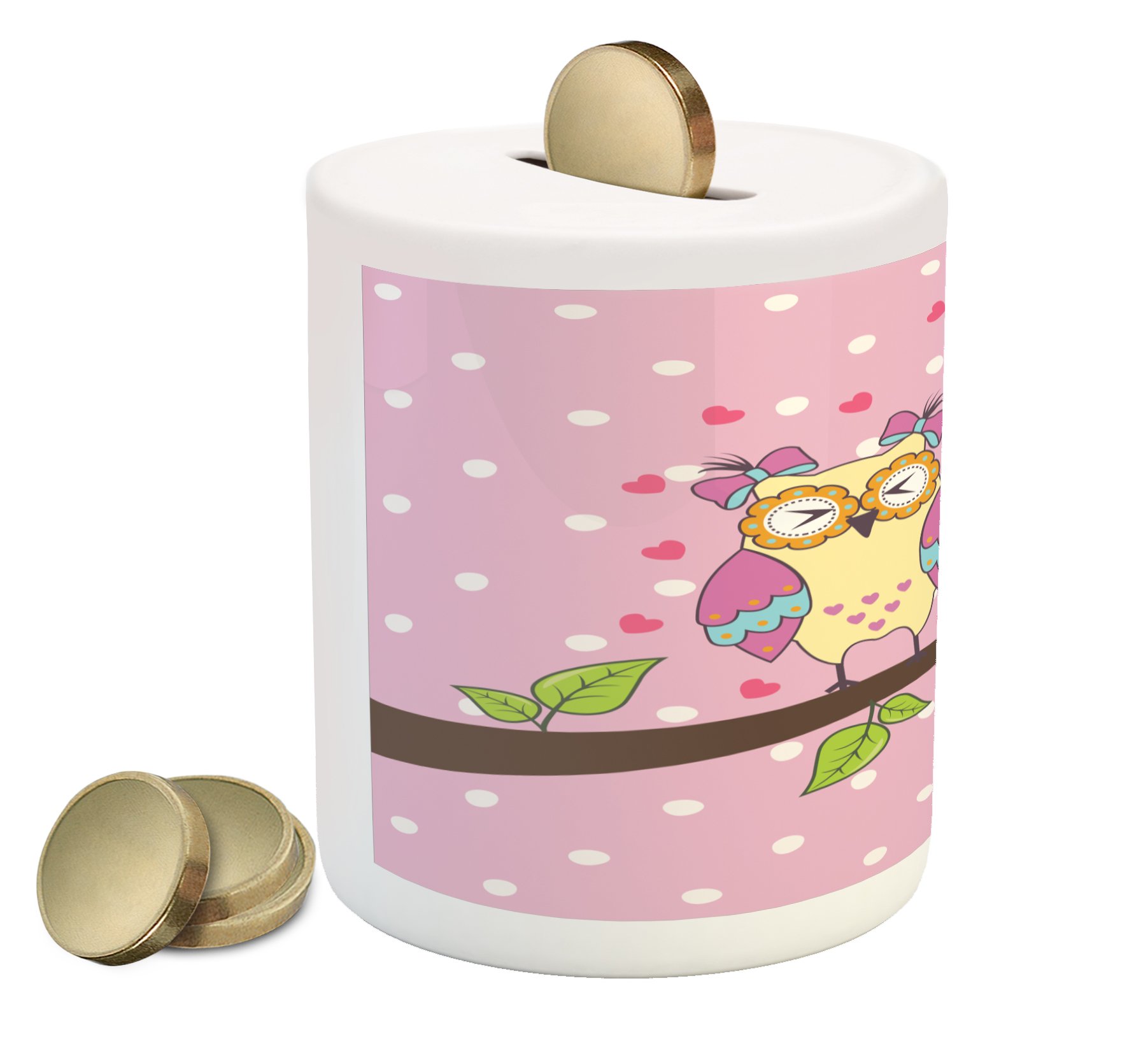 Ambesonne Ceramic Owl Piggy Bank - Romantic Love Owls on Branch with Polkadots, Leaves & Hearts Design - Money Saving Coin Bank for Cash (Pale Yellow, Green, Pink) - Perfect Gift for Valentine's Day, Anniversary & Home Decor