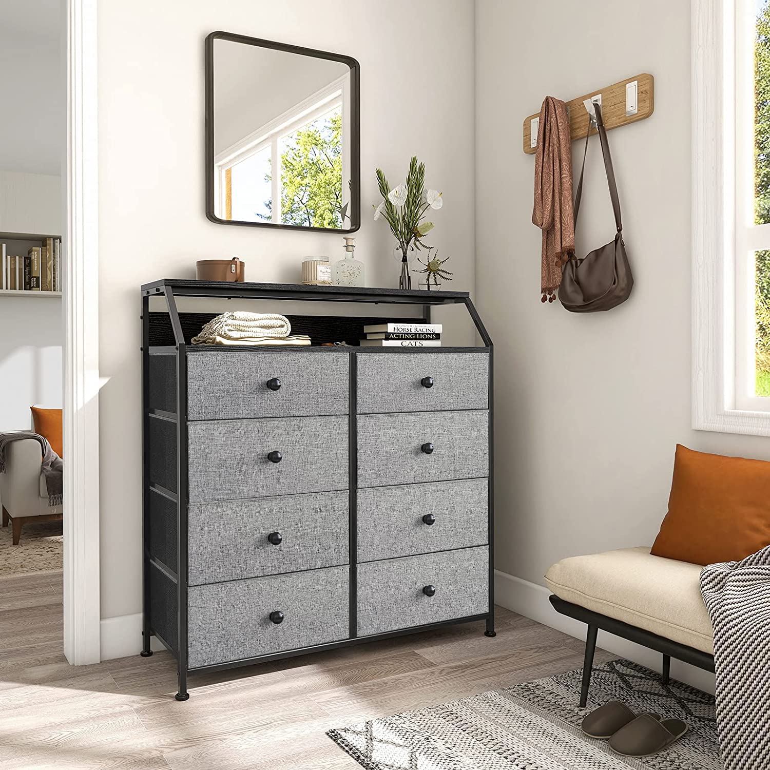 REAHOME 8-Drawer Steel Frame Wood Top Storage Dresser with 2 Bonus Drawer Organizers - Light Grey Closet Organizer for Bedroom, Living Room & Entryway - Perfect for Home Organization and Small Space Storage Solutions