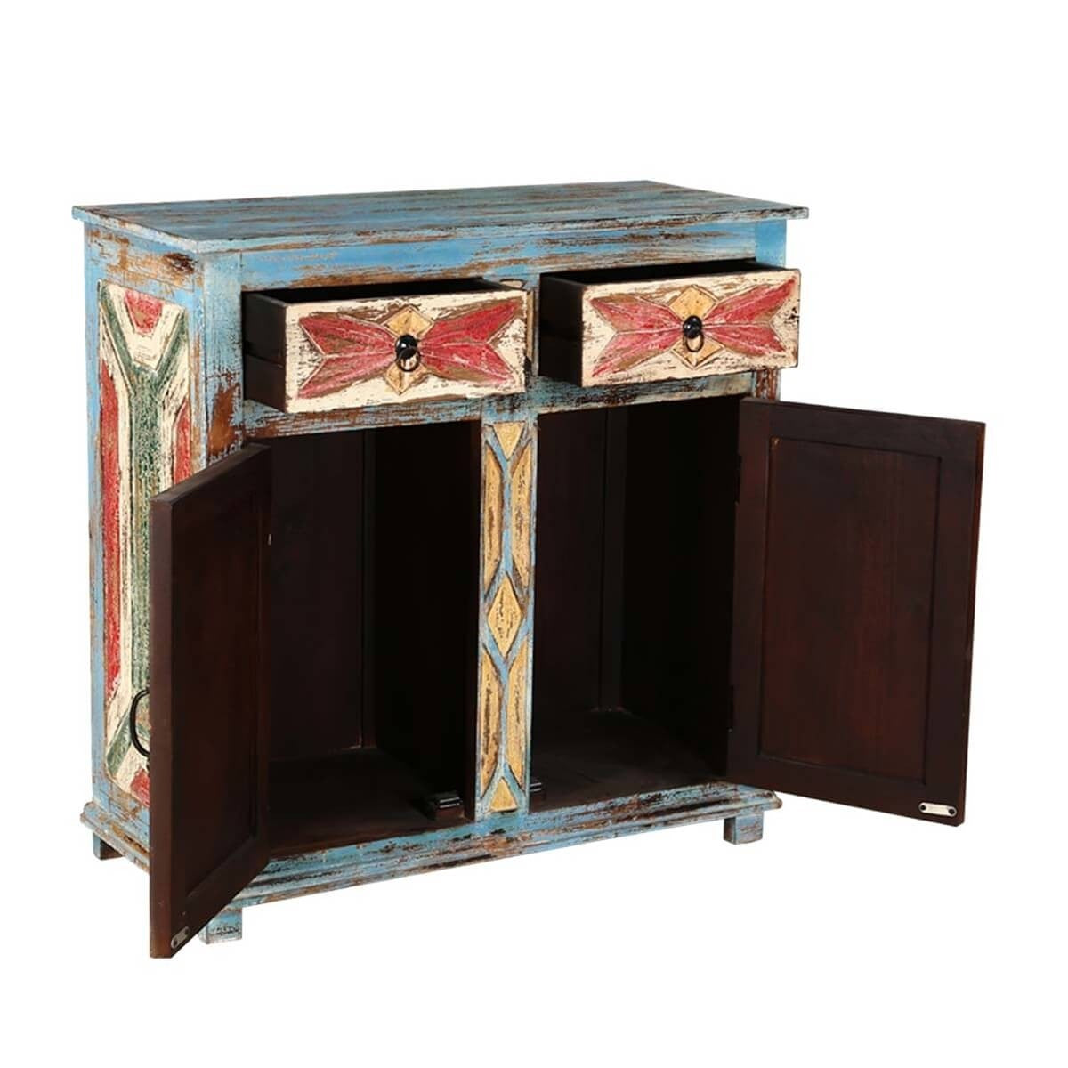 Hand Painted Blue Mango Wood 2 Door 2 Drawer Buffet Cabinet - Stylish Sideboard for Dining Room, Living Room & Entryway Storage
