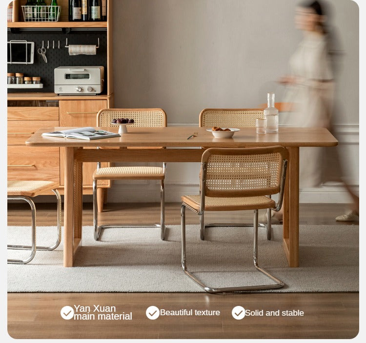 Solid Oak Wood Rattan Dining Table - Rustic Farmhouse Style for Indoor and Outdoor Use