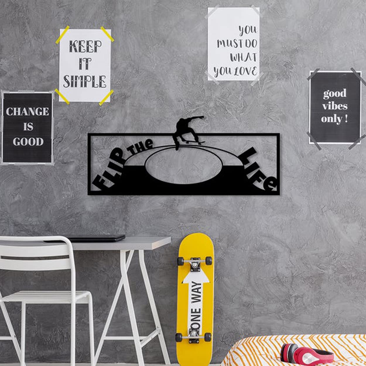 LaModaHome Metal Wall Art - Flip The Life Black Wall Decor for Living Room, Bedroom, Kitchen & Bathroom | Indoor & Outdoor Decoration | Modern Wall Hanging for Home & Office Spaces