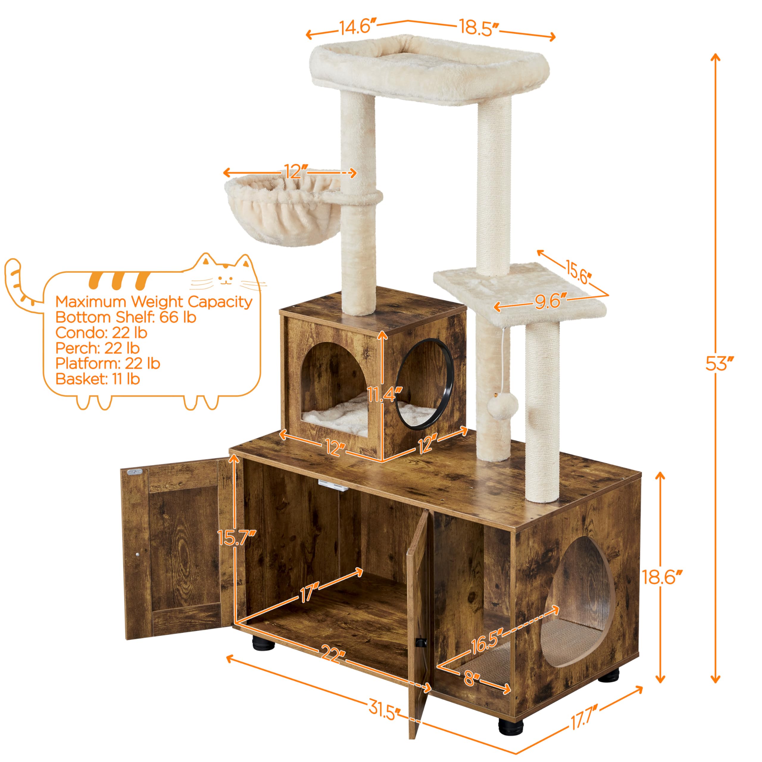 Yaheetech Wooden Cat Litter Box Enclosure with Cat Tree - All-in-One Indoor Kitten House with Scratching Posts, Condo & Platform - Rustic Brown/Beige - Perfect for Small Spaces, Apartments & Multi-Cat Homes