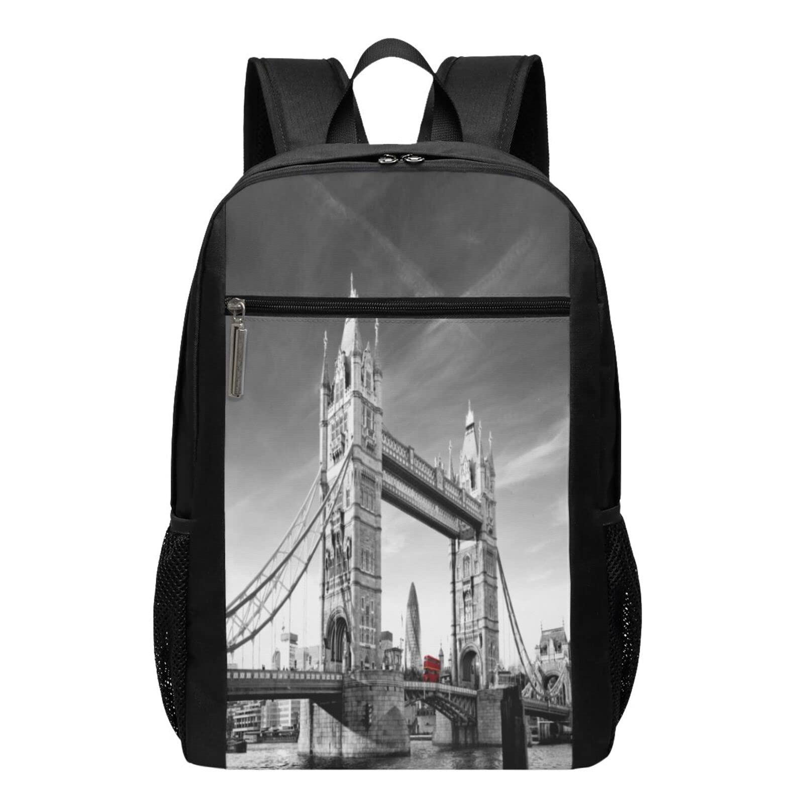 Tower Bridge London Landmark Monochrome Red Double Deck Bus Travel Laptop Backpack - Durable College School Computer Bag for Commuting, Work & Study