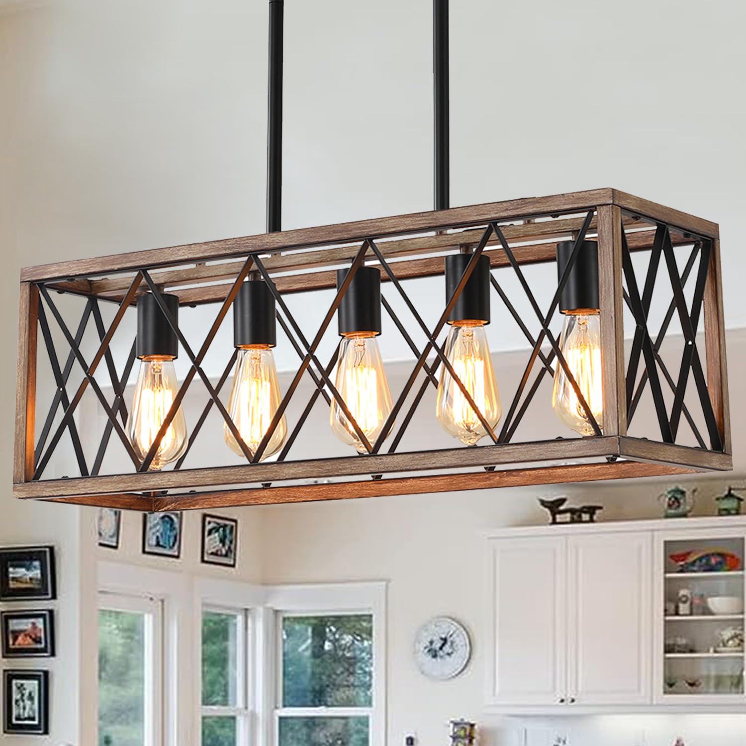 Farmhouse 5-Light Adjustable Height Dining Room Chandelier - Industrial Metal Kitchen Pendant Lighting for Island, Table & Sink - Wood Grain Finish - Perfect for Rustic Kitchens, Dining Areas & Farmhouse Decor
