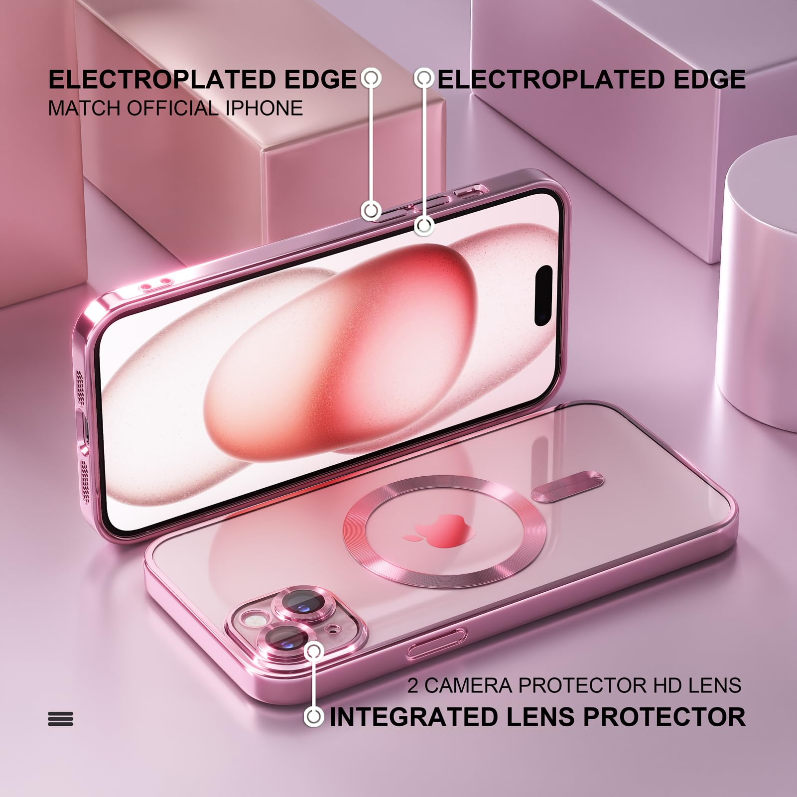 Misea Magnetic Clear iPhone 15 Case with MagSafe Compatibility | Anti-Yellowing | Military-Grade Drop Protection | Full Camera Lens Cover | Soft TPU Protective Phone Case for Women & Girls (Pink) | Perfect for Everyday Use, Work, Travel & Outdoor Activities