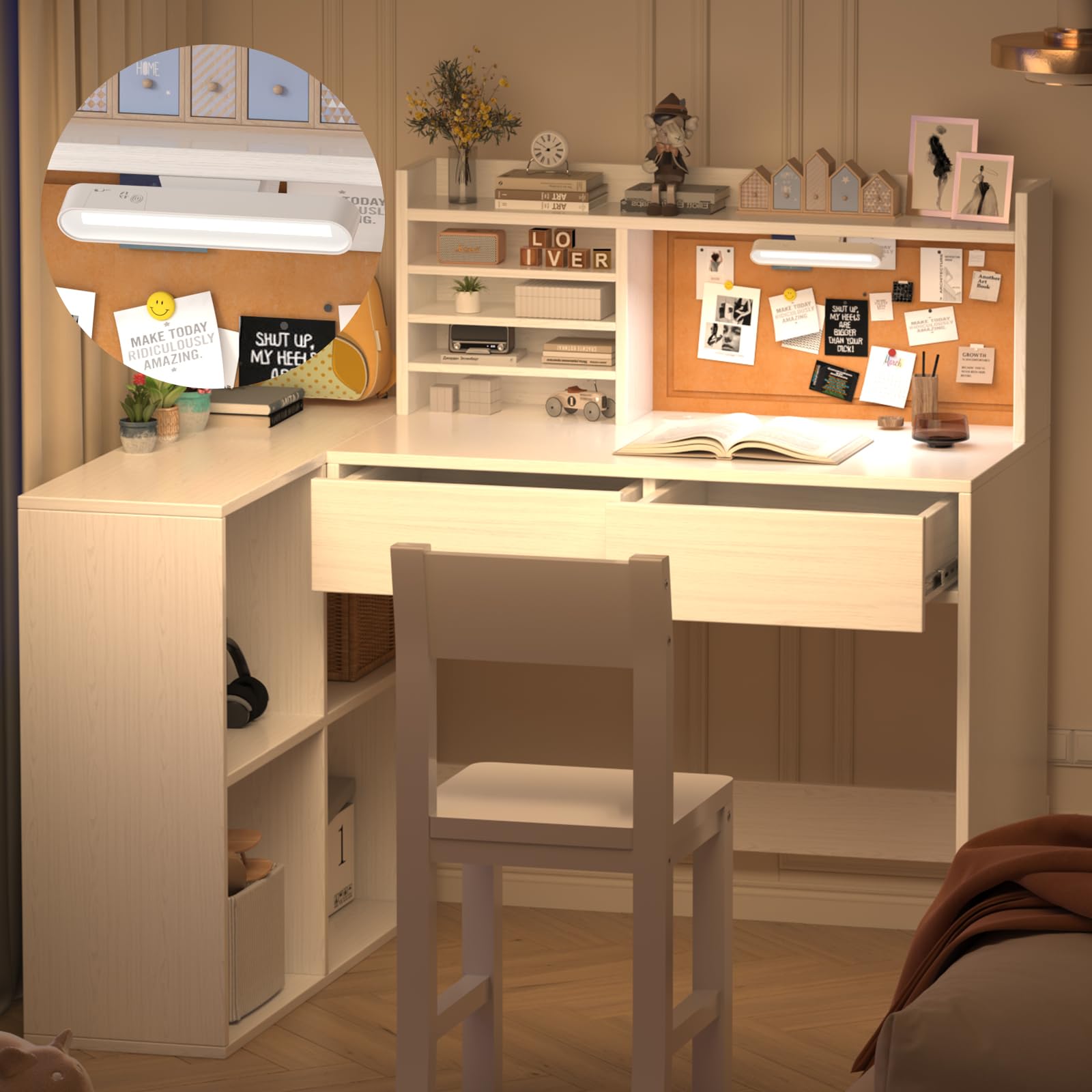 White Kids Desk and Chair Set for 5-12 Year Olds - 41x31 Inch Study Desk with 3-Color LED Lights, Storage Drawers & Shelves, Bulletin Board - Perfect for Homework, Reading & Creative Play in Bedroom or Playroom