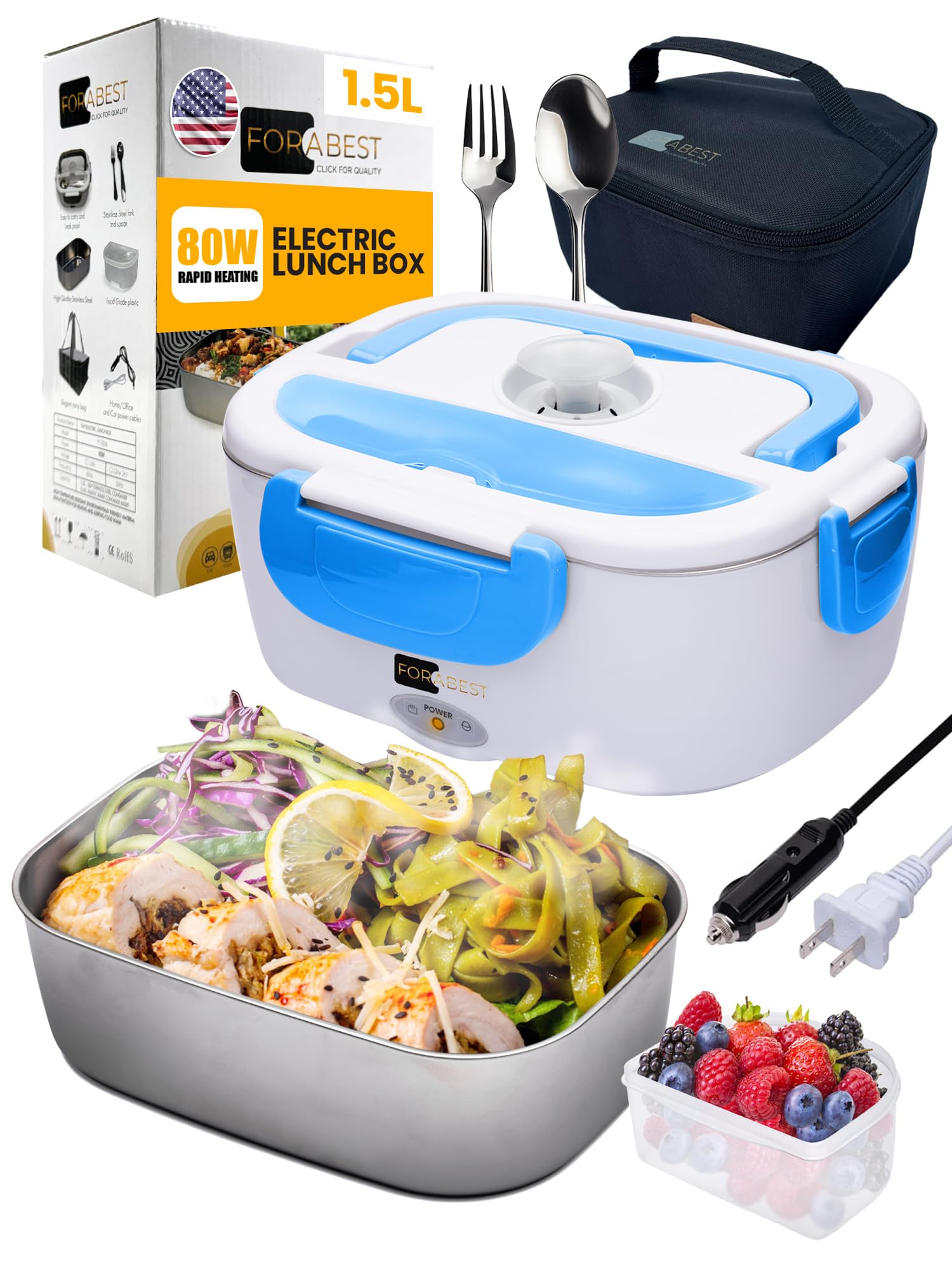 80W Electric Lunch Box for Adults - 1.5L Stainless Steel Portable Food Warmer for Men & Women, 12V/24V Car Truck & 110V/220V Work Travel Use, Perfect for Office, Commuting & Road Trips