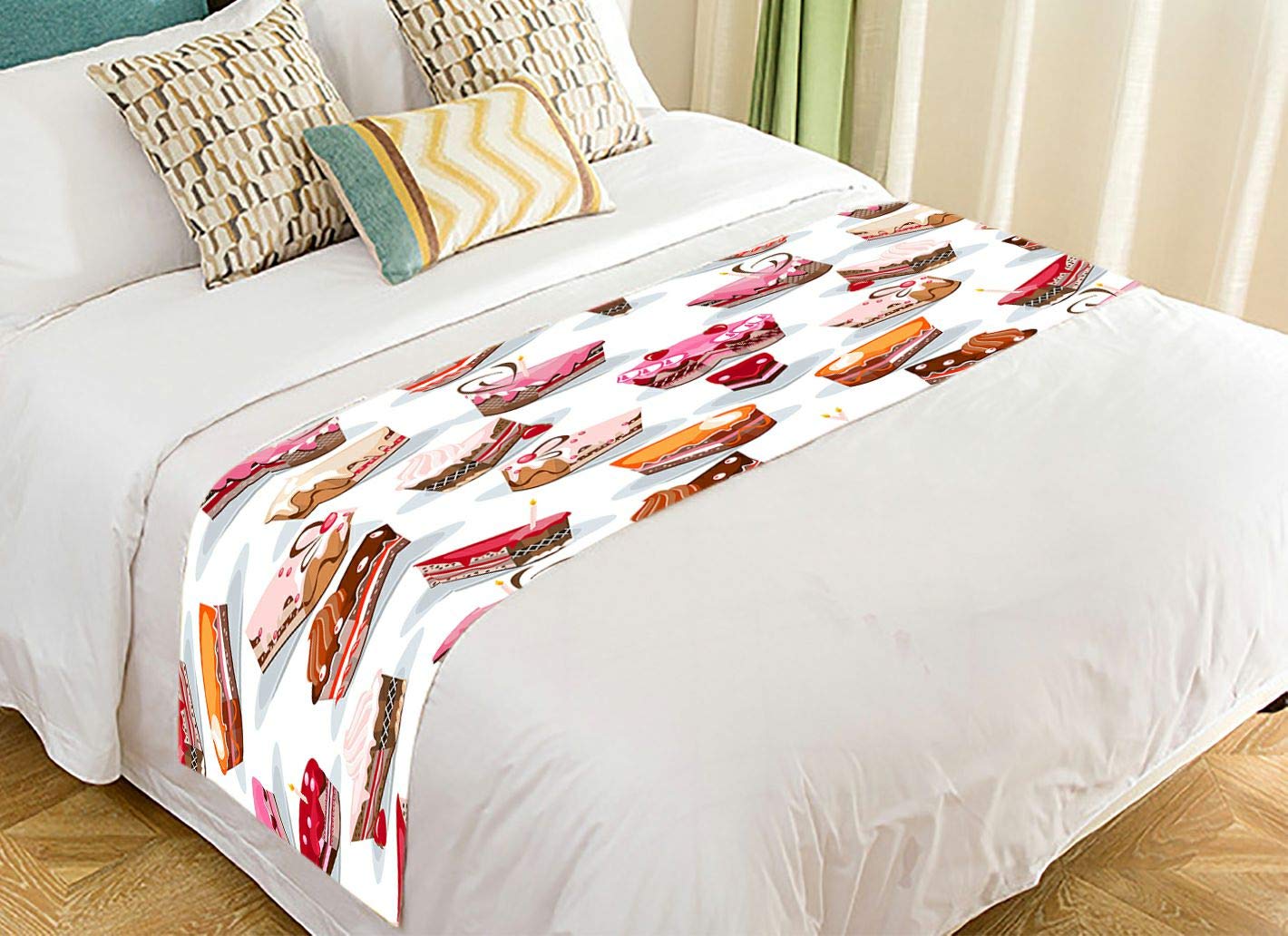 ABPHQTO Decorative Cake Slices Bed Runner - 20x95 Inch Floral Bed Scarf for Queen & King Size Beds - Perfect for Bedroom Decor, Wedding Decorations & Home Styling