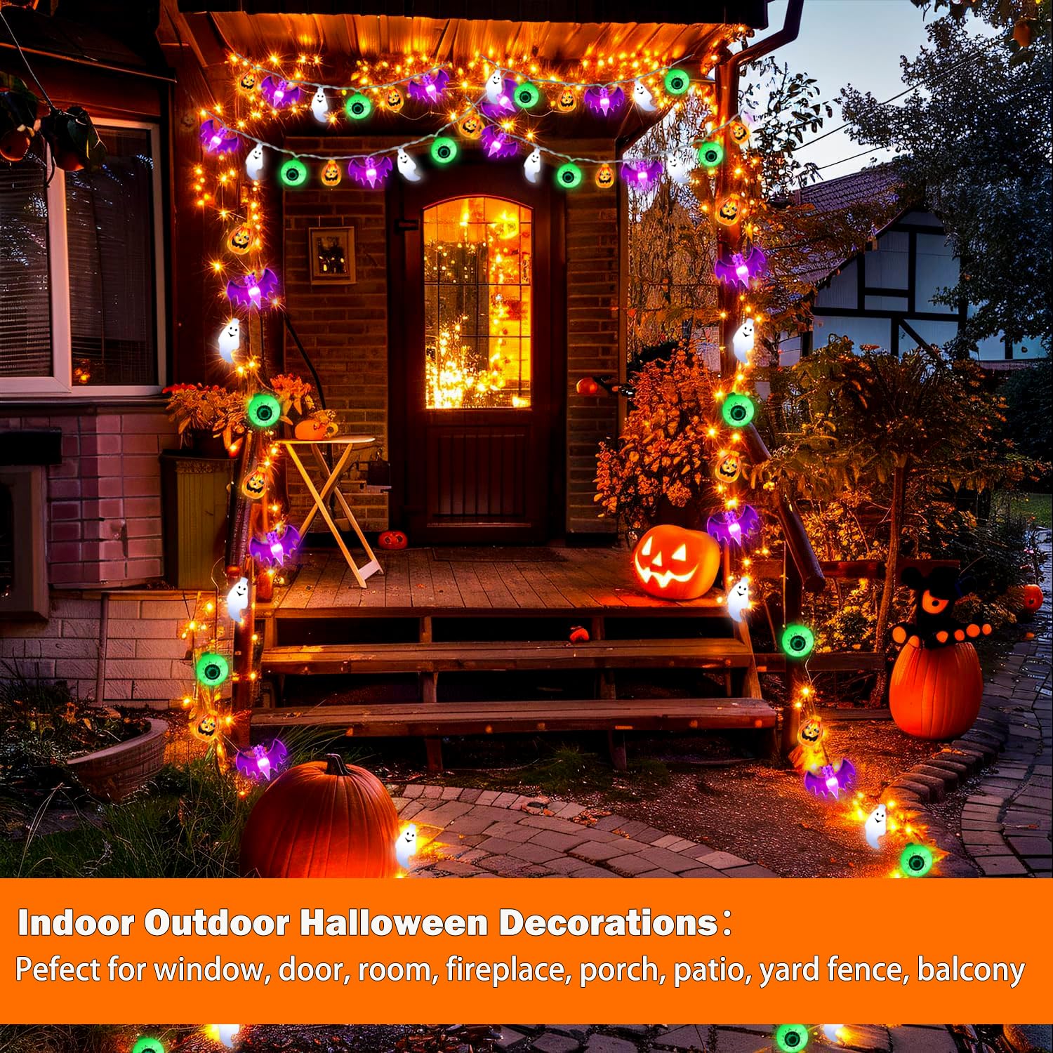 50LED Pumpkin Bat Ghost Eyeball Battery Operated String Lights - Waterproof Fairy Lights for Halloween Party, Home Window, Porch, Gate Decor - Indoor & Outdoor Halloween, Christmas, Garden, Wedding Decorations