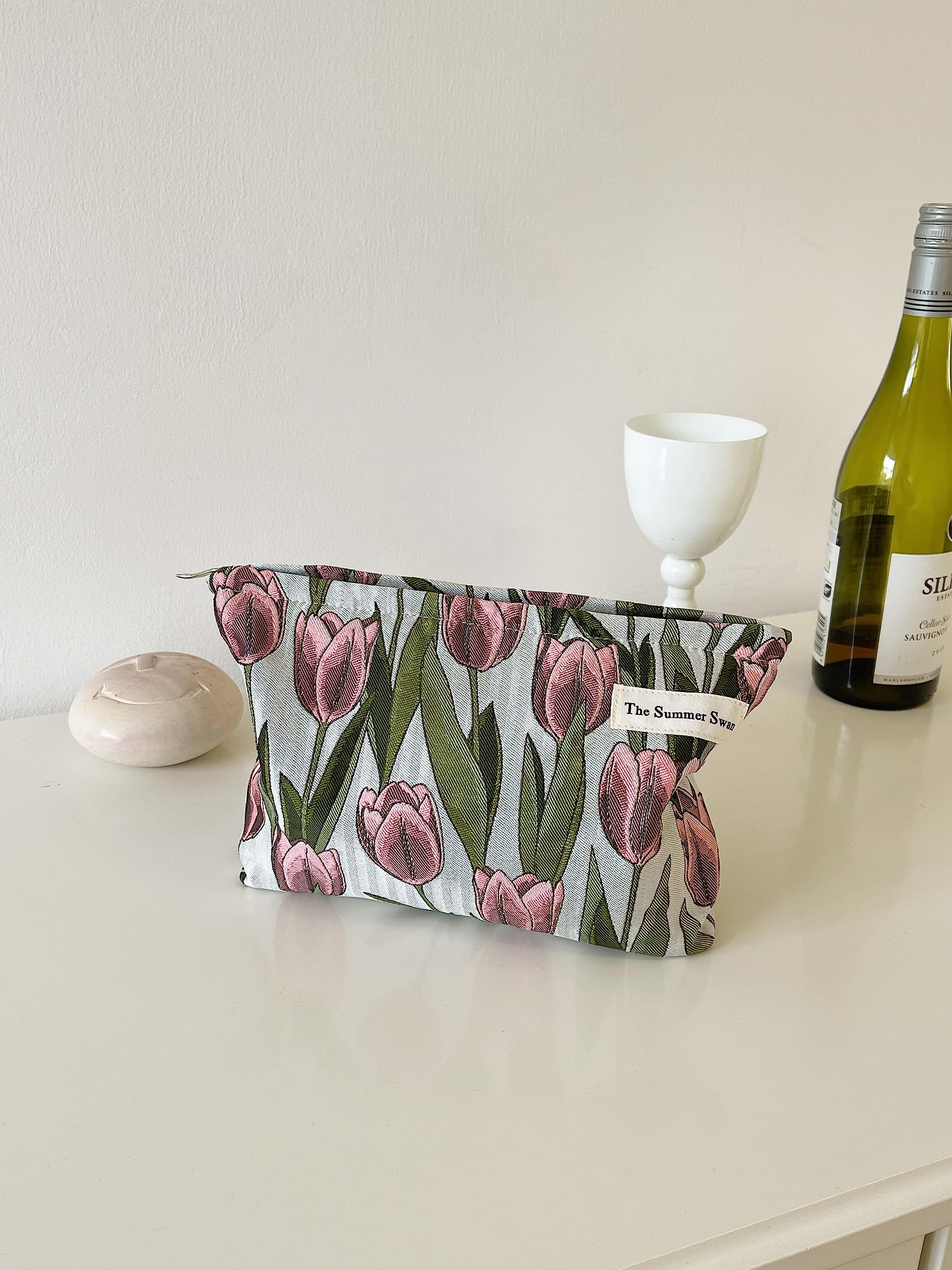 Large Aesthetic Makeup Bag Floral Mid-day Clutch | The Summer Swan Period Kit for Hygiene & Skincare | Cute Burgundy Tulip Design | Perfect for Travel, Gym & Daily Essentials Organization