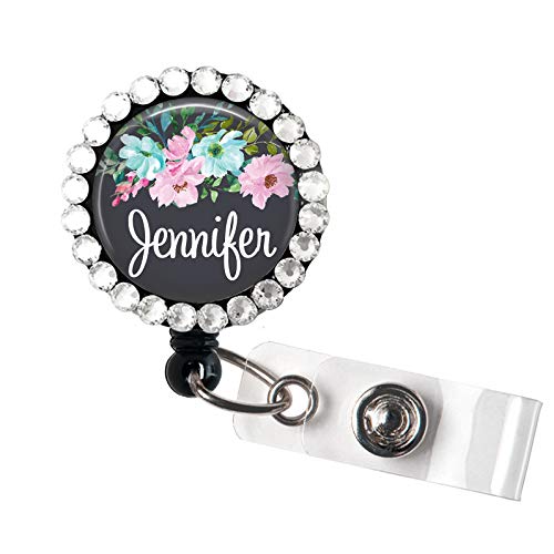 Personalized Swarovski Rhinestone Retractable ID Badge Reel - Mint Pink Floral Design for Nurses, RT, and Professionals | Elegant Badge Holder for Work, Conferences, and Healthcare Settings