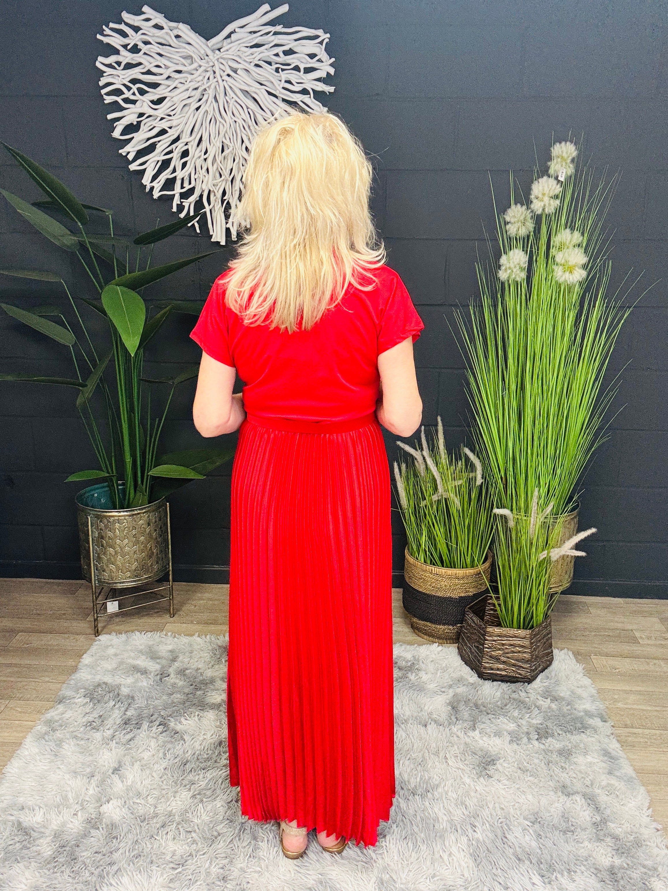 Pixen Pleated Midi Dress for Women - Flowy Red A-Line Skirt Dress for Casual Wear, Office & Party | Elegant & Comfortable