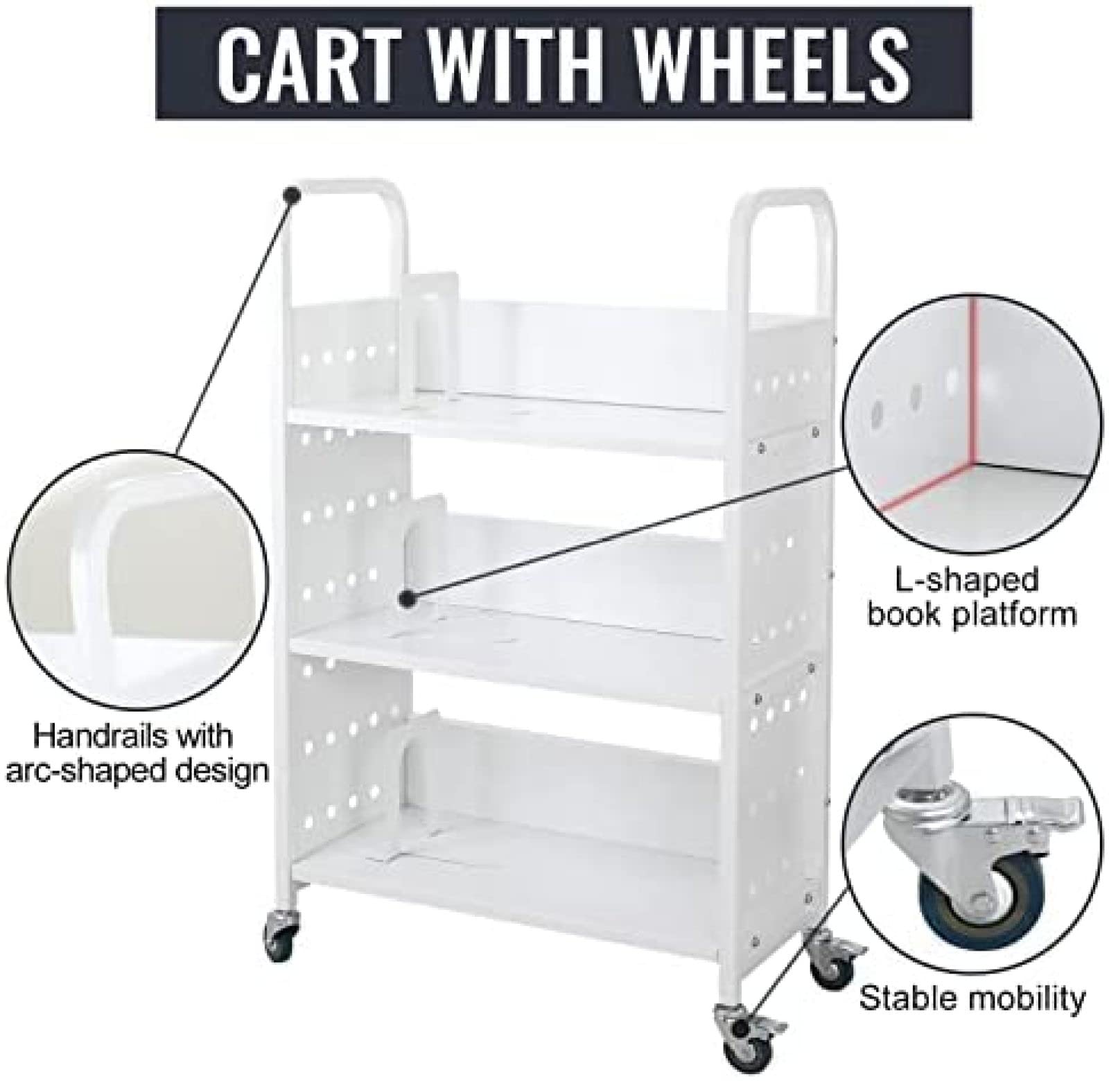 200 LBS Heavy Duty Library Book Cart - Single Sided L-Shaped/V-Shaped Rolling Book Truck with 4 Lockable Wheels for Home, Office & School Use - Perfect for Book Storage, Classroom Organization & Library Shelving