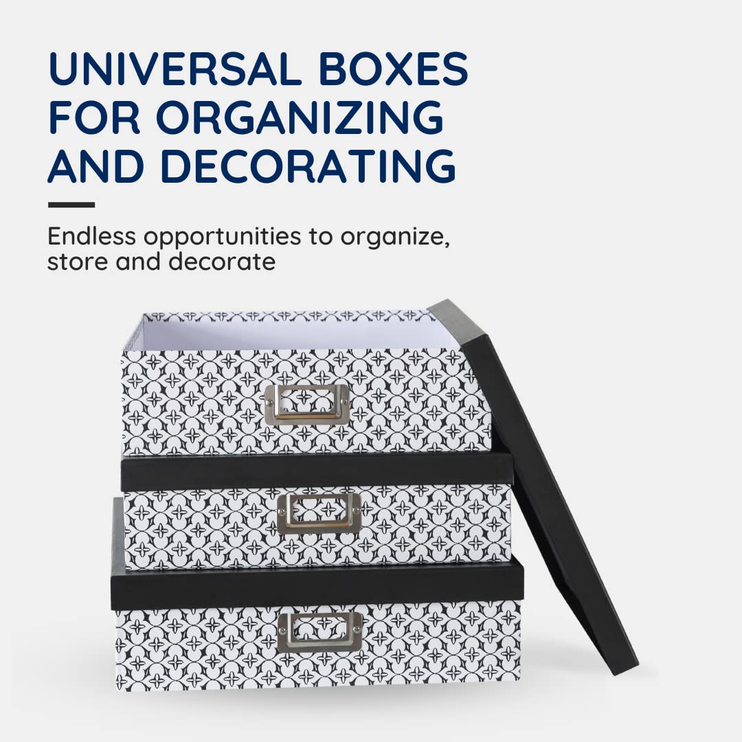 Soul & Lane Black and White Decorative Storage Boxes with Lids - Set of 3 Jumbo Organizer Boxes for Scrapbooking, Documents, Keepsakes & Memories - Modern Trellis Design for Home Office & Craft Room Organization