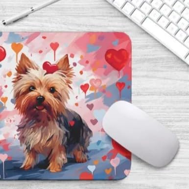 Yorkie Mouse Pad - Non-Slip Rubber Desk Mat with Red Hearts Pattern, Cute Puppy in Love Design for Computer & Laptop - Perfect Gift for Dog Lovers | Home Office, Gaming & Work Desk Accessory