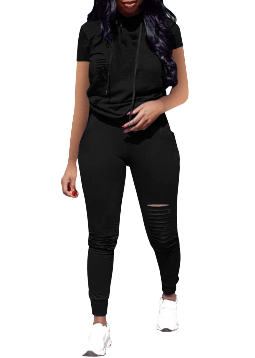 Women's 2-Piece Casual Sport Outfit - Short Sleeve Ripped Pullover Hoodie & Sweatpants Set | Gym, Yoga, Running & Lounge Wear