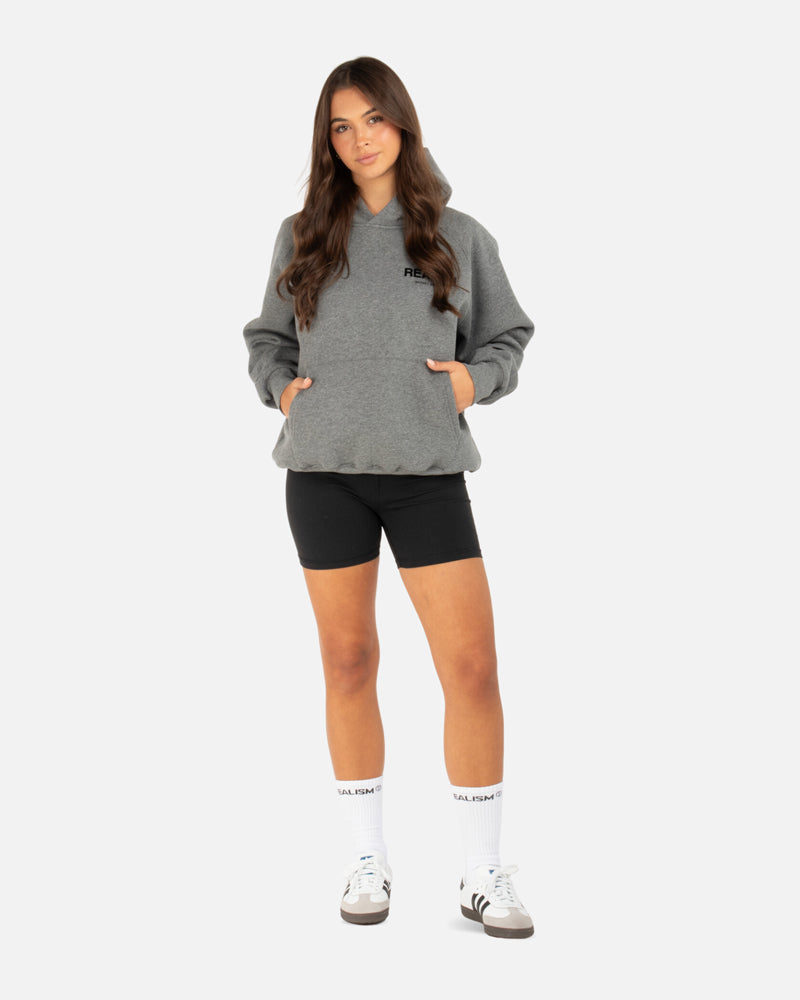 SSS Realism Back Logo Hoodie - Dark Heather Grey Pullover Sweatshirt for Men & Women | Casual Streetwear, Gym, Outdoor Activities