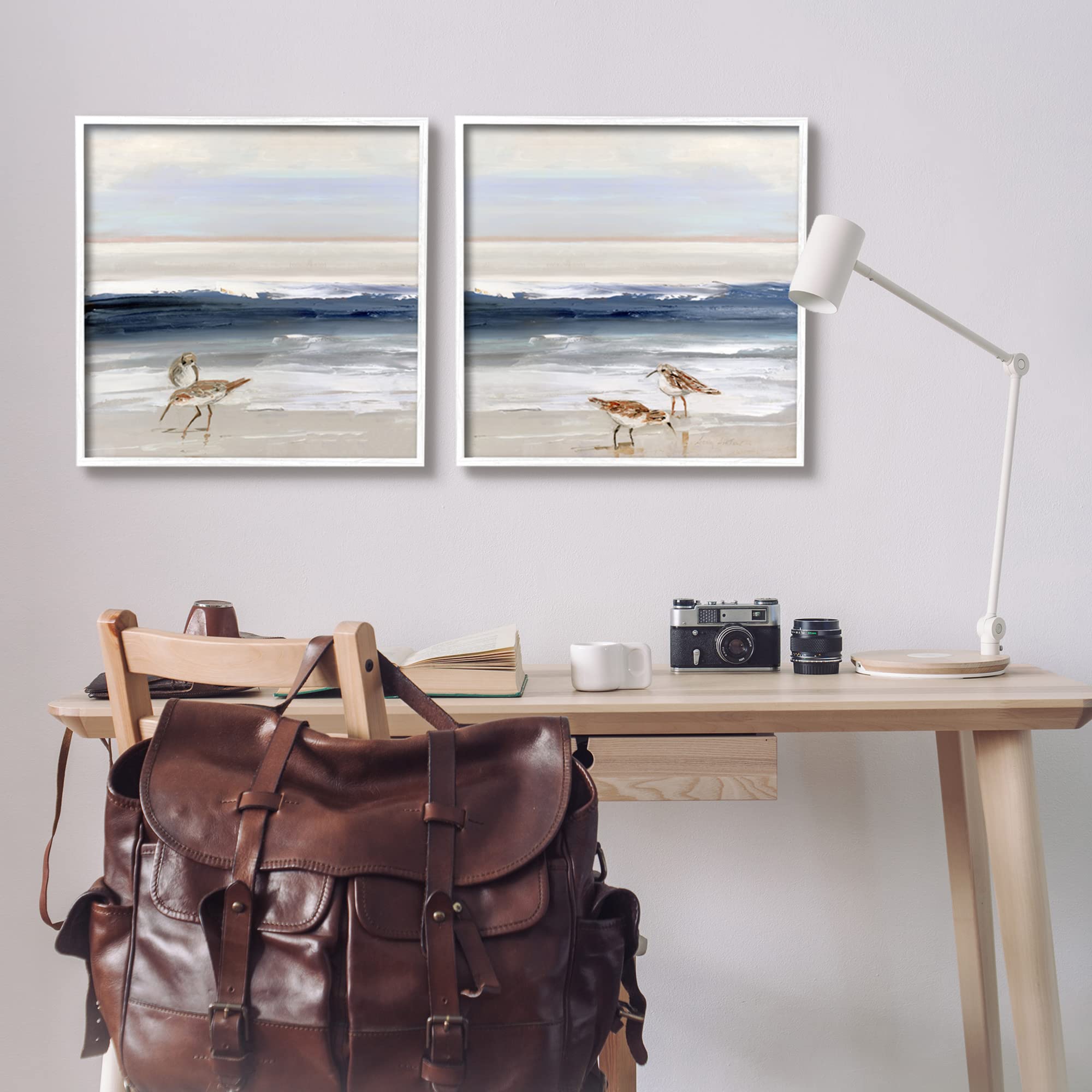 Stupell Industries Birds on Beach Shore Ocean Waves Blue Sky Landscape Wall Art - Sally Swatland Design - Coastal Decor for Living Room, Bedroom & Office