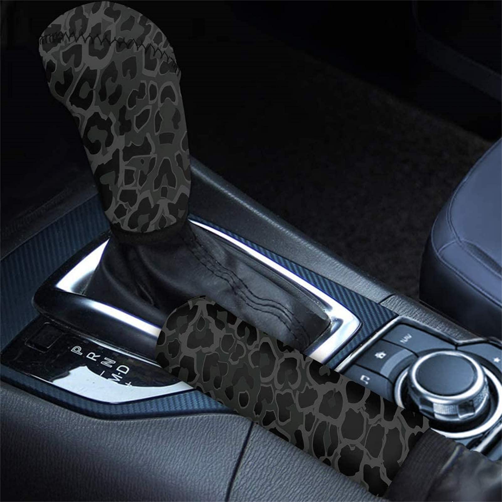 Non-Slip Car Gear Shift Cover & Handbrake Protector Set - Universal Fit for SUV, Truck, Vehicle - 2-Piece Black Leopard Print Auto Interior Accessories (Perfect for Daily Commute & Road Trips)