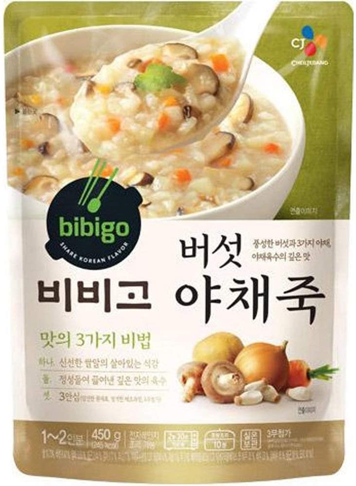 BIBIGO Korean Mushroom & Vegetable Rice Porridge - Healthy Instant Ready Meal, 450g (Pack of 12) | Quick Microwave Meal for Breakfast, Lunch or Dinner | Authentic Korean Comfort Food for Busy Professionals & Students