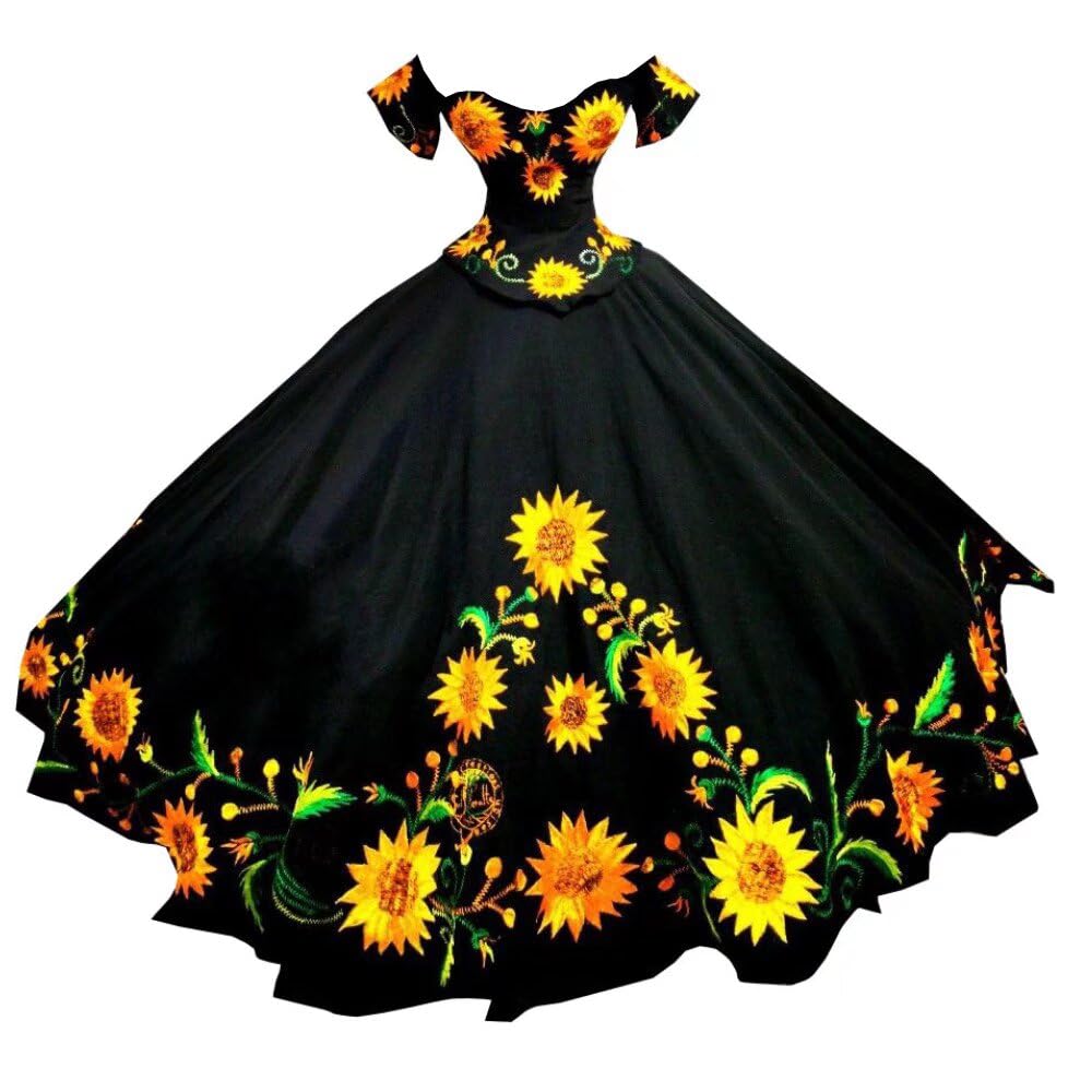 2025 Yellow Sunflower Black Ball Gown Quinceanera Dress - Off Shoulder Long Sleeve Mexican Charro Prom Dress for Sweet 15, Quinceañera, Homecoming & Special Occasions