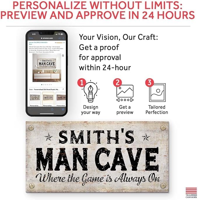 Personalized Man Cave Wall Art - Custom Rustic Decor Sign for Home Bar, Game Room & Basement | 48x24 Inch Canvas Print | Perfect for Entertainment Spaces & Masculine Interior Design