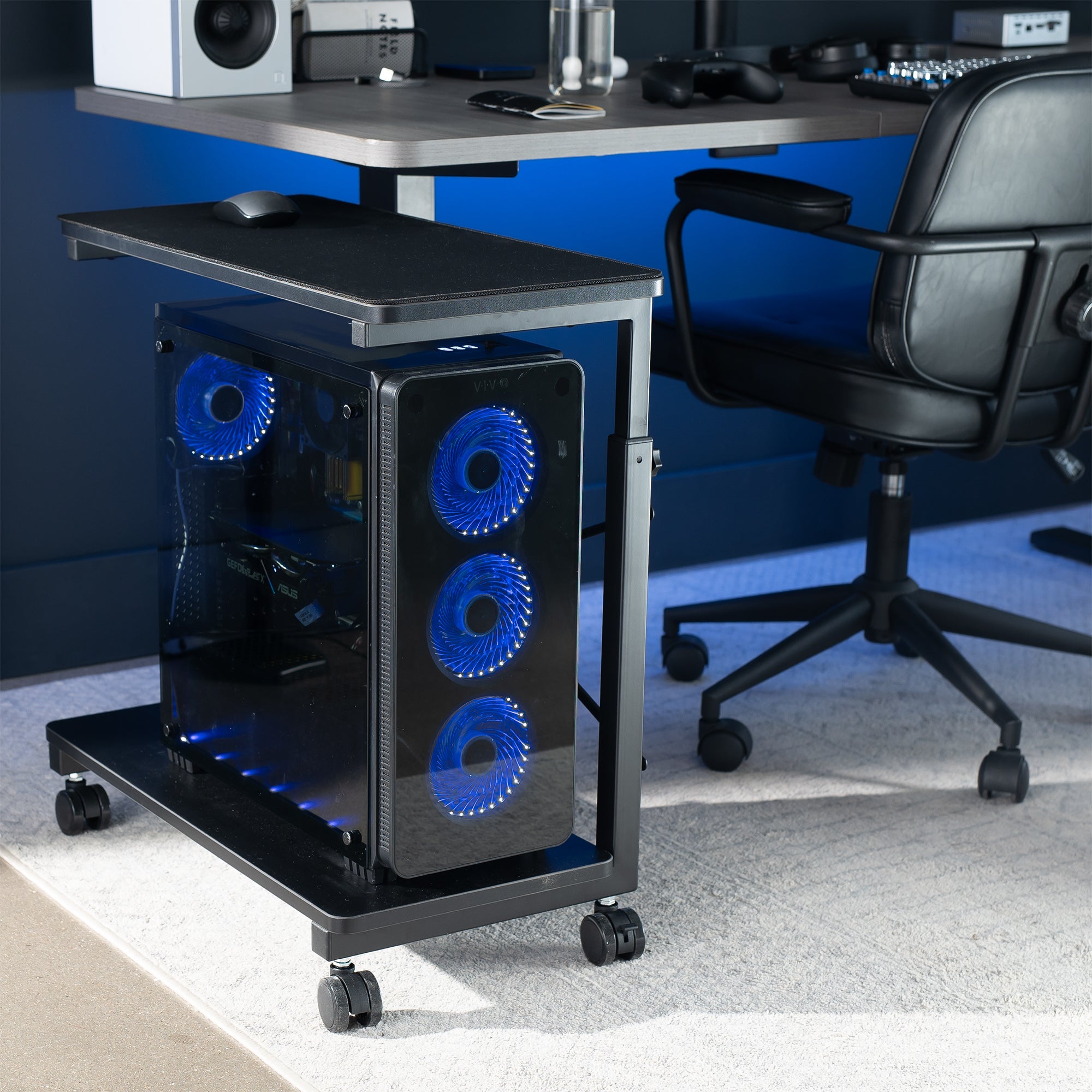 Adjustable Mobile Computer Cart with Storage - Perfect for Home Office, Gaming Setup & Workspace Organization