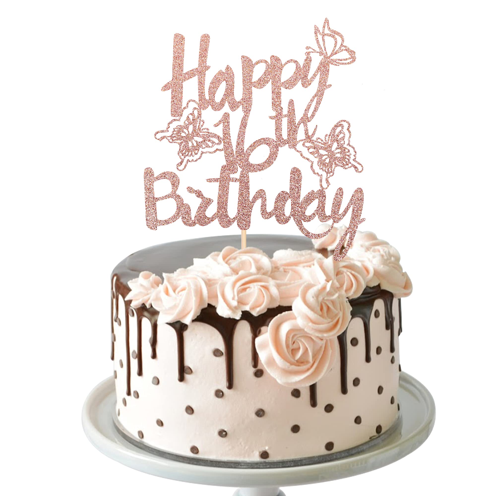 1 PCS Happy 16th Birthday Cake Topper with Glitter Butterfly - Cheers to 16 Years Old Cake Decorations for Sweet Sixteen Party Supplies (Rose Gold) | Perfect for Birthday Cakes, Cupcakes & Anniversary Celebrations