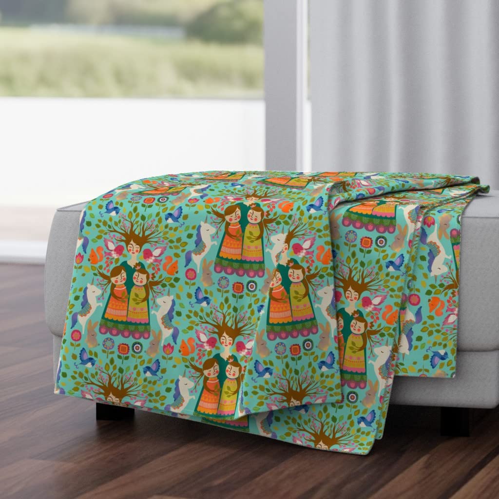 Luxe Velvet Throw Blanket 50x70 Inches - Mother Tree Spring Woodland Folk Art European Family Unicorn Print Soft Cozy Blanket for Bed, Couch & Nursery Decor