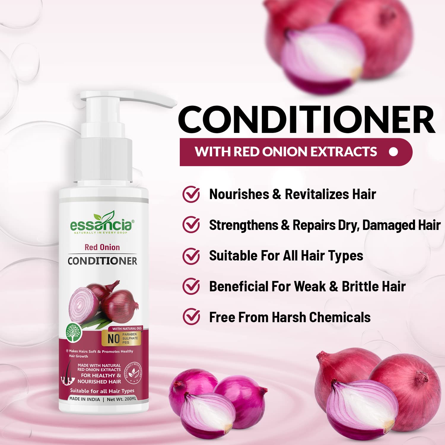 Essencia Red Onion Hair Conditioner - Sulfate Free & Paraben Free for Stronger, Silkier Hair Growth - 200ml for Men & Women - Perfect for Damaged Hair Repair & Daily Hair Care Routine