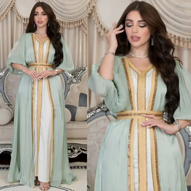 Elegant 2-Piece Eid Dress Set - Hotfix Rhinestone Satin Open Abaya Kaftan with Matching Sleeveless Inner Dress | Perfect for Eid Celebrations, Weddings & Special Occasions
