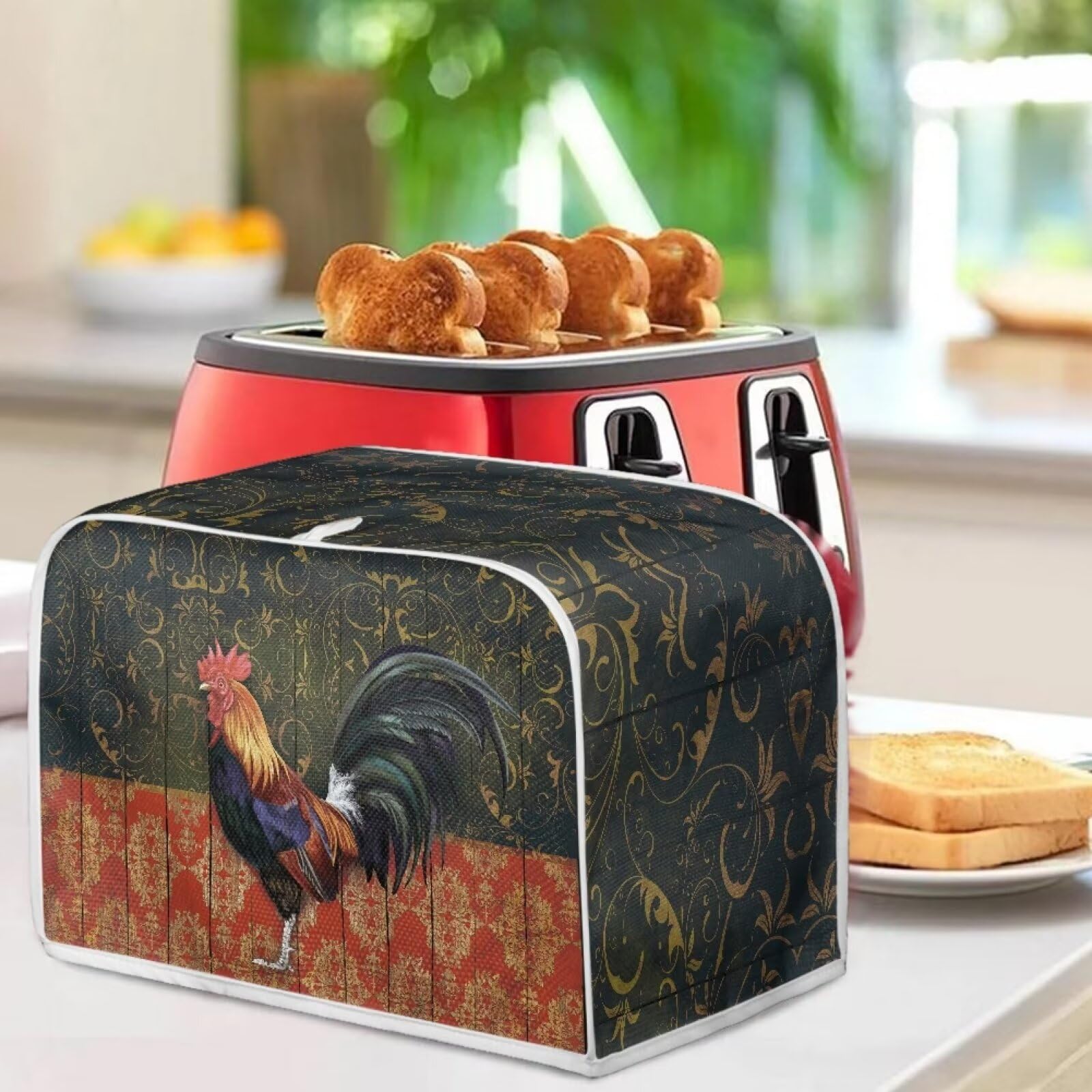 Chicken Rooster Print Toaster Cover - Dust & Grease Protection for 4-Slice Toasters - Kitchen Appliance Cover for Bread Makers - Perfect for Country Kitchen Decor & Breakfast Stations