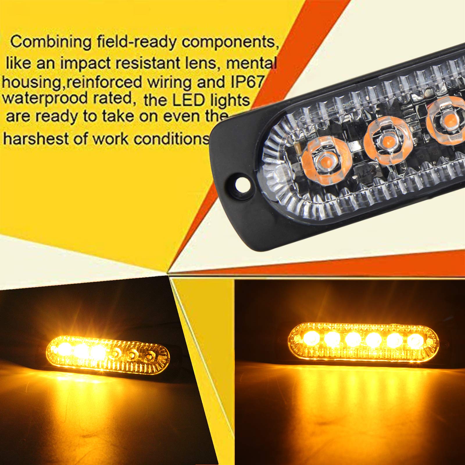 12-24V LED Amber Strobe Light Bar - 6 LED Surface Mount Flashing Emergency Warning Lights for Trucks, Cars & Vehicles (2 Pack) - Ideal for Roadside Safety, Construction Zones & Emergency Signaling