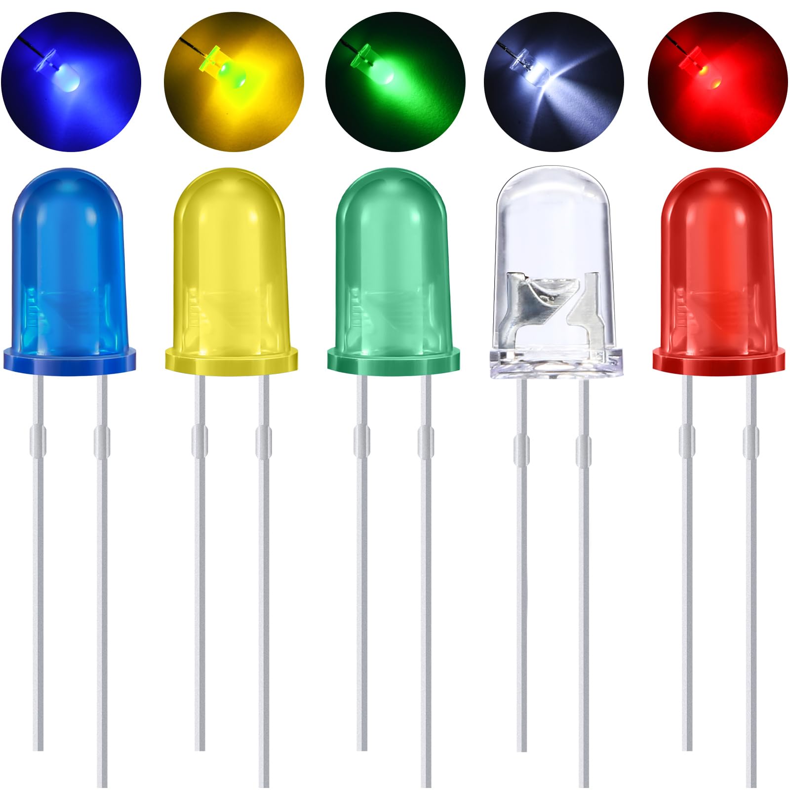 EBOOT 100-Pack 5mm Clear LED Light Bulbs - 5 Colors (Red, Green, Blue, Yellow, White) for DIY Electronics, Circuit Projects, and Home Decor Lighting