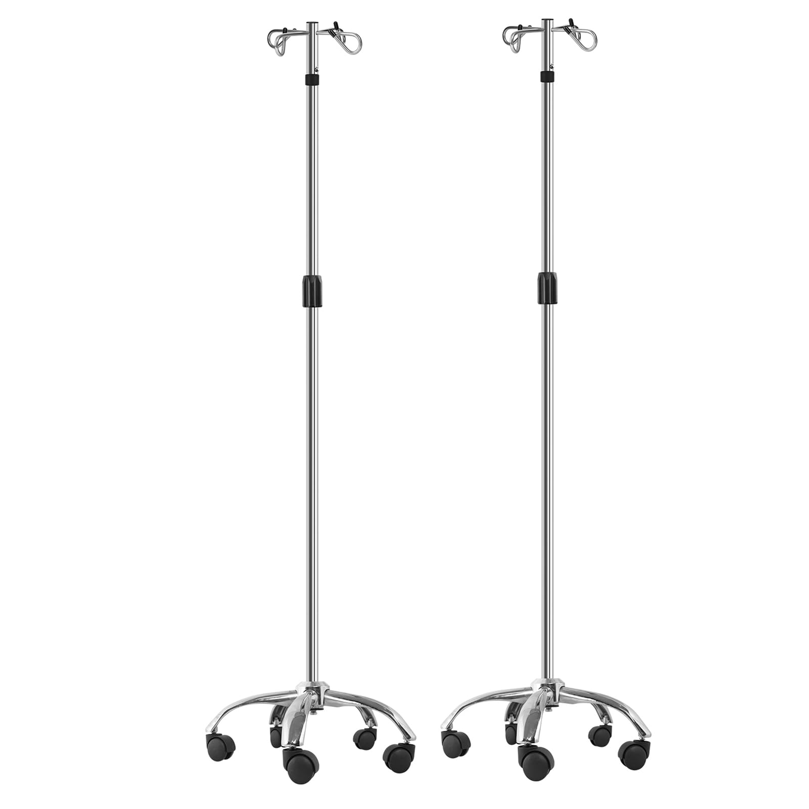 Heavy Duty IV Poles with Wheels - Adjustable Height IV Stands with 2 Hooks & 5-Leg Rolling Base, Stainless Steel Medical Equipment (2-Pack) - Perfect for Hospitals, Clinics, and Home Healthcare Use