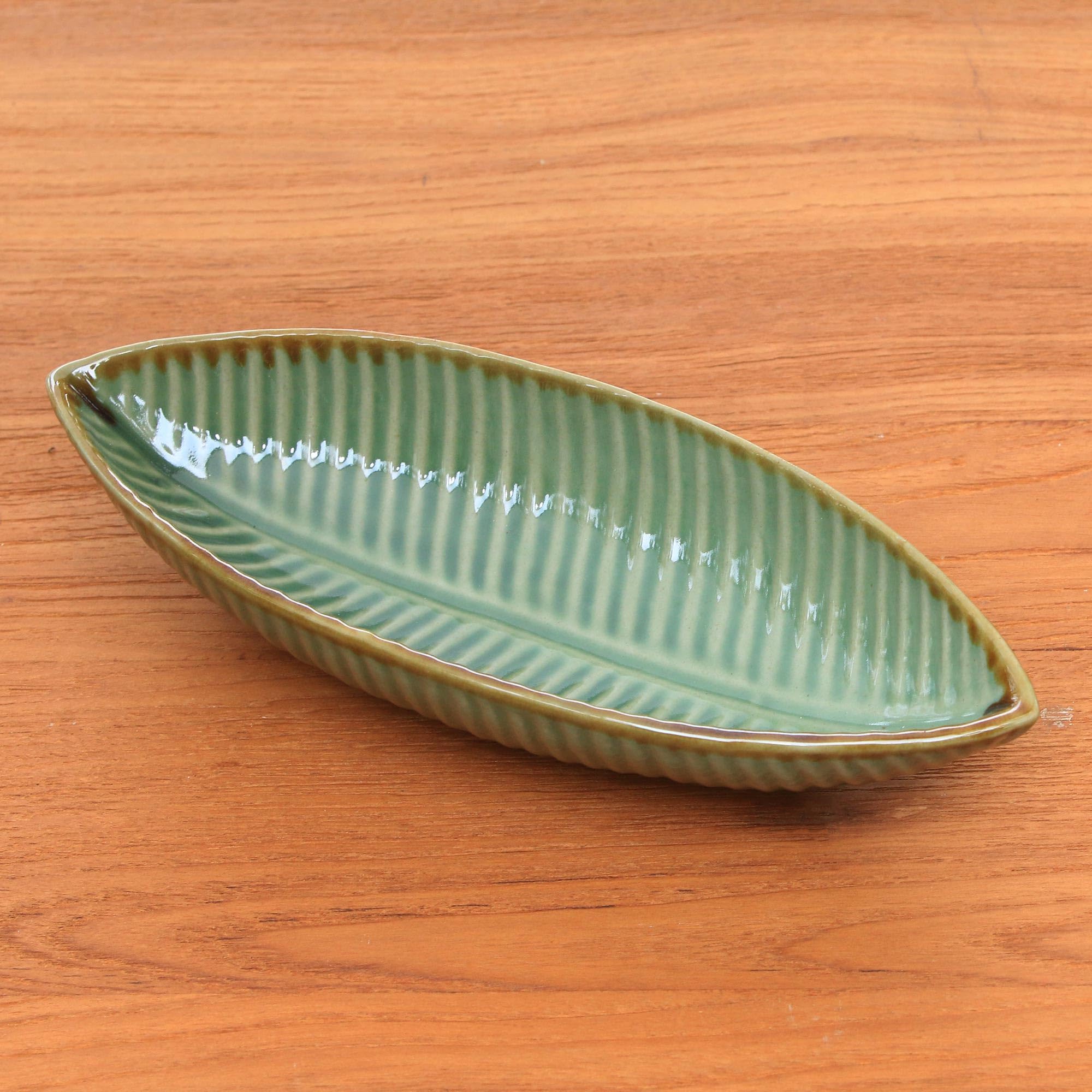 NOVICA Handmade Ceramic Banana Leaf Serving Bowl - Eco-Friendly Green Tree Design for Salads, Fruits & Snacks | Perfect for Parties, Picnics & Home Decor